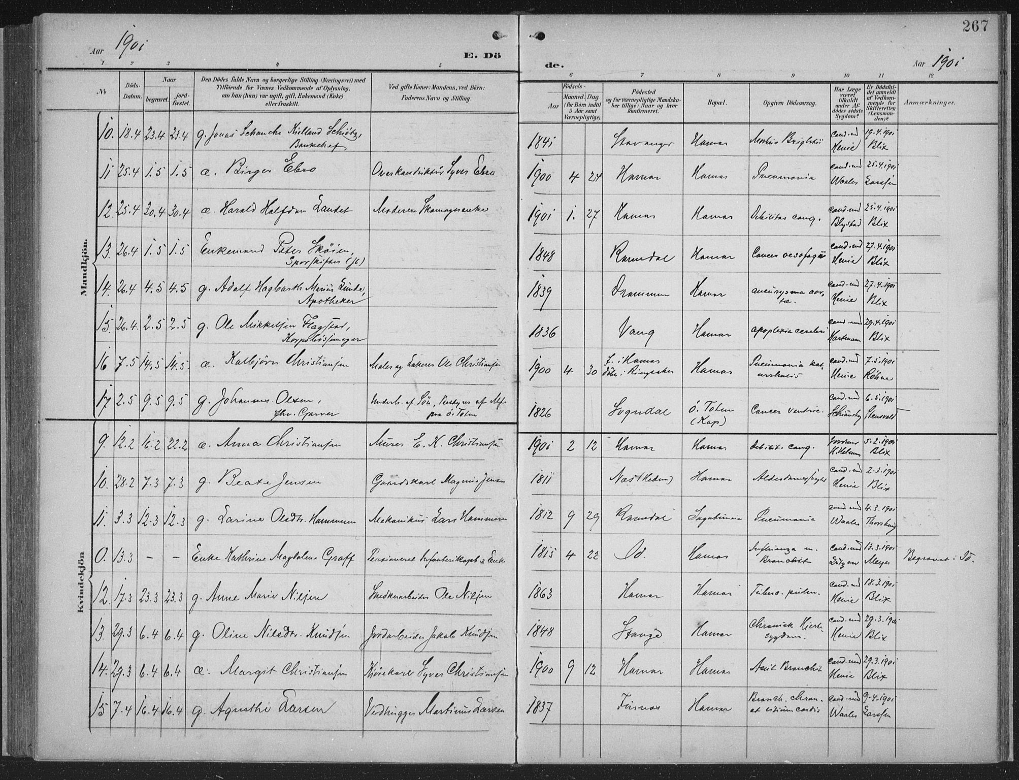 Hamar prestekontor, AV/SAH-DOMPH-002/H/Ha/Haa/L0001: Parish register (official) no. 1, 1900-1914, p. 267