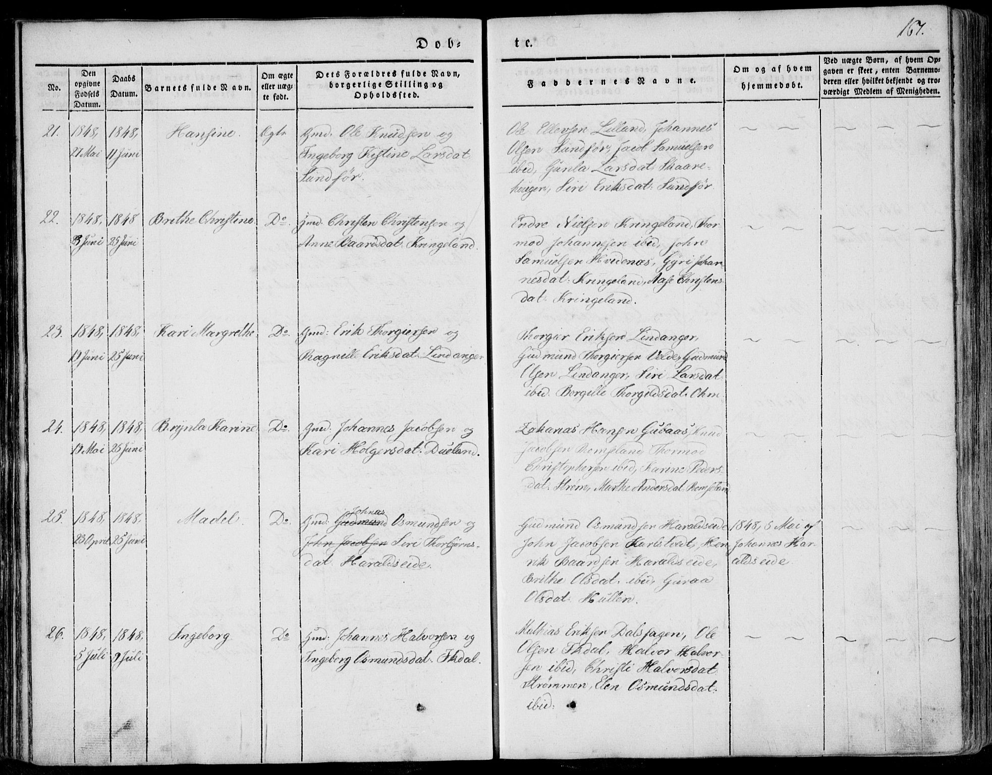 Skjold sokneprestkontor, SAST/A-101847/H/Ha/Haa/L0006: Parish register (official) no. A 6.1, 1835-1858, p. 167