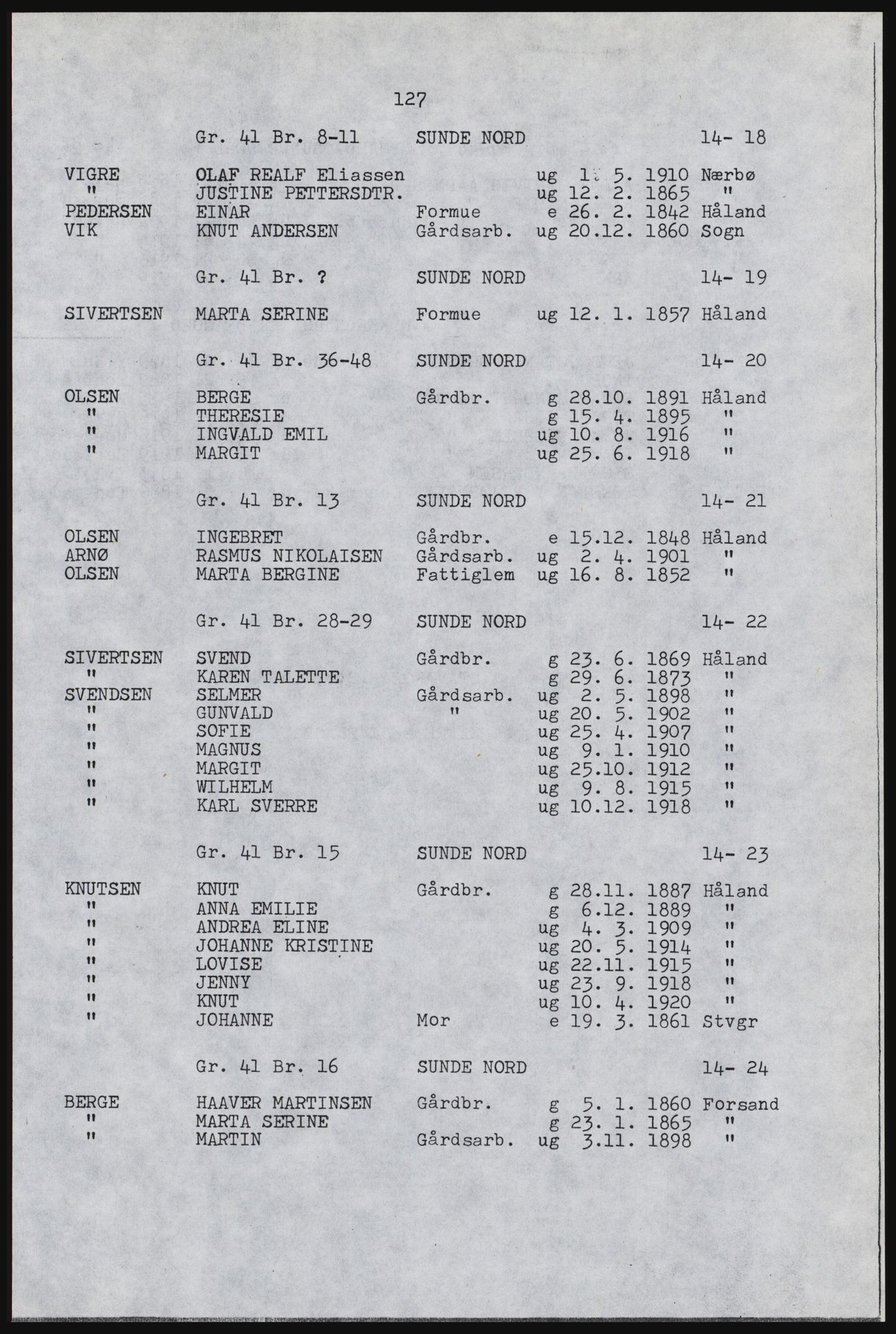 SAST, Copy of 1920 census for Håland, 1920, p. 133