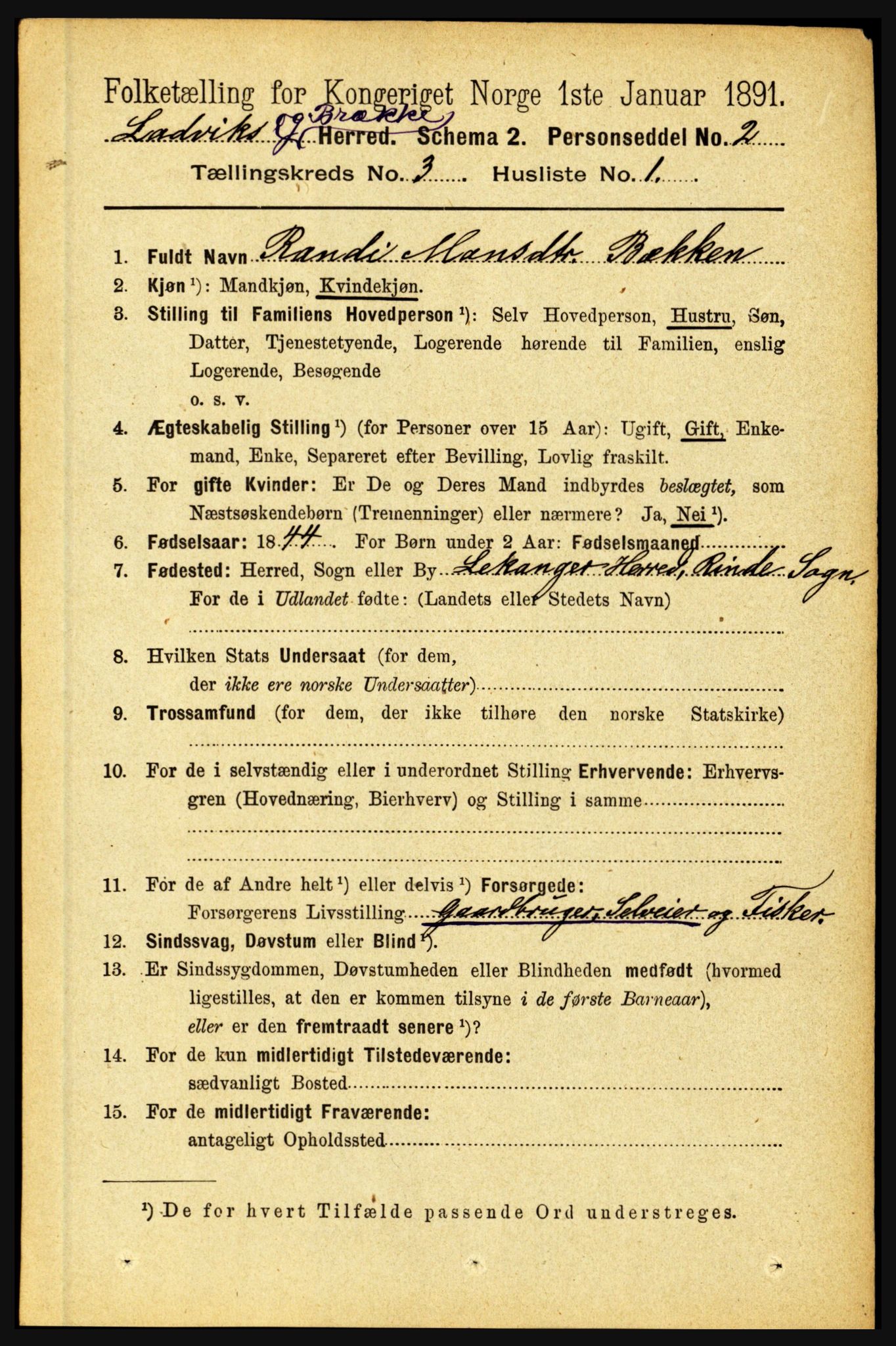 RA, 1891 census for 1415 Lavik og Brekke, 1891, p. 498