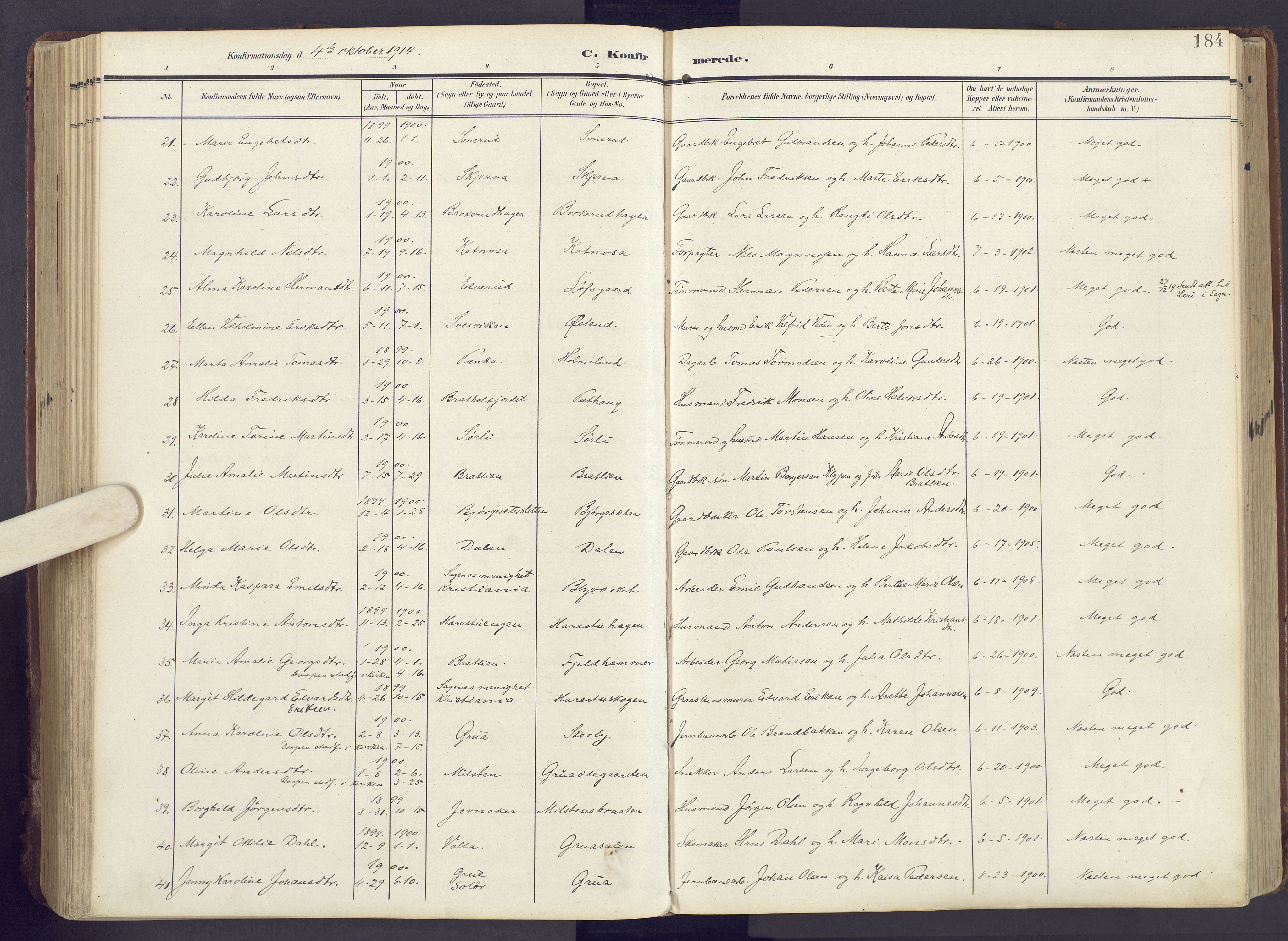 Lunner prestekontor, AV/SAH-PREST-118/H/Ha/Haa/L0001: Parish register (official) no. 1, 1907-1922, p. 184