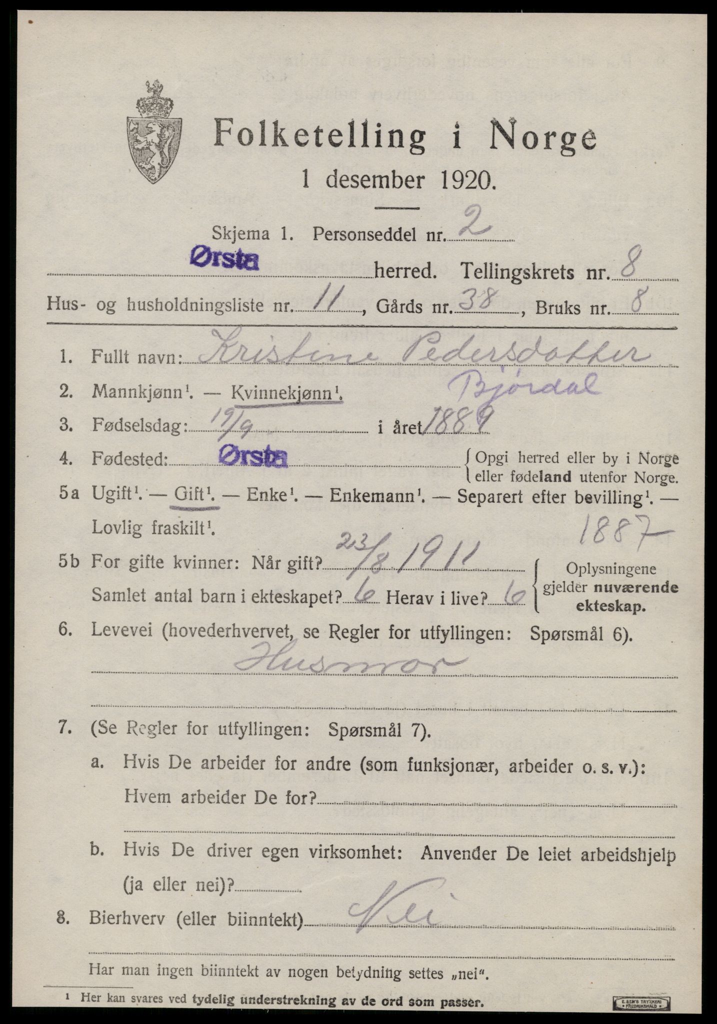 SAT, 1920 census for Ørsta, 1920, p. 6122