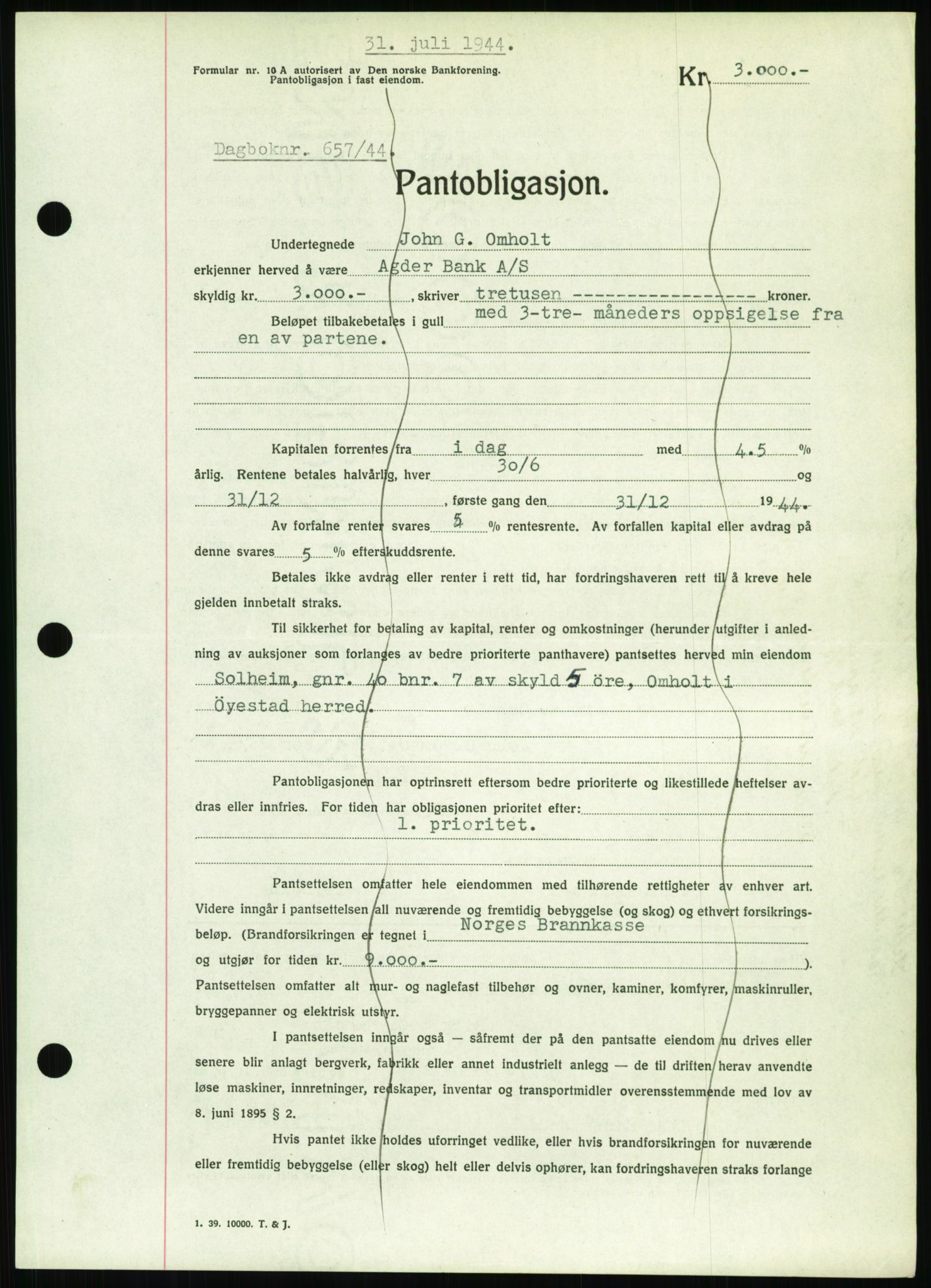 Nedenes sorenskriveri, AV/SAK-1221-0006/G/Gb/Gbb/L0002: Mortgage book no. II, 1942-1945, Diary no: : 657/1944