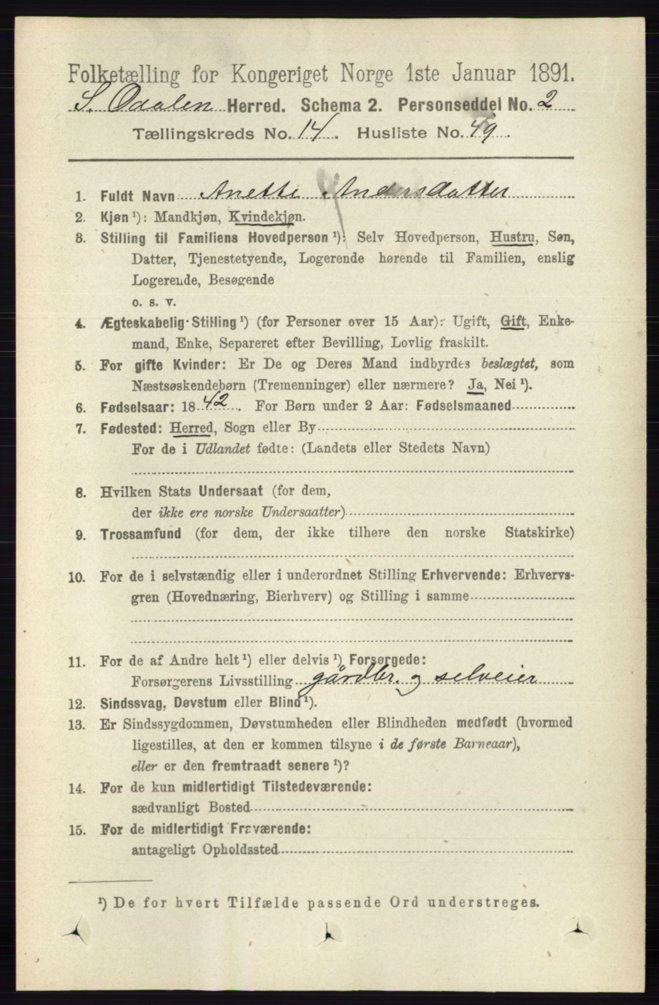 RA, 1891 census for 0419 Sør-Odal, 1891, p. 6341