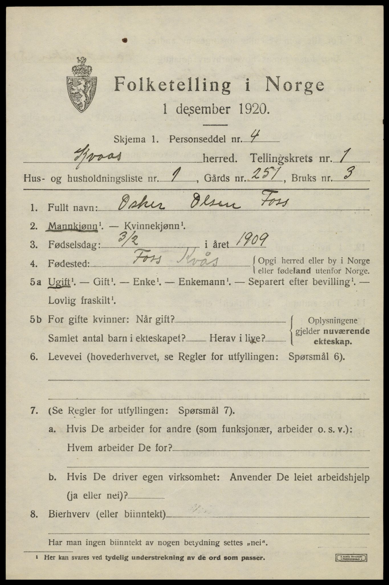 SAK, 1920 census for Kvås, 1920, p. 360