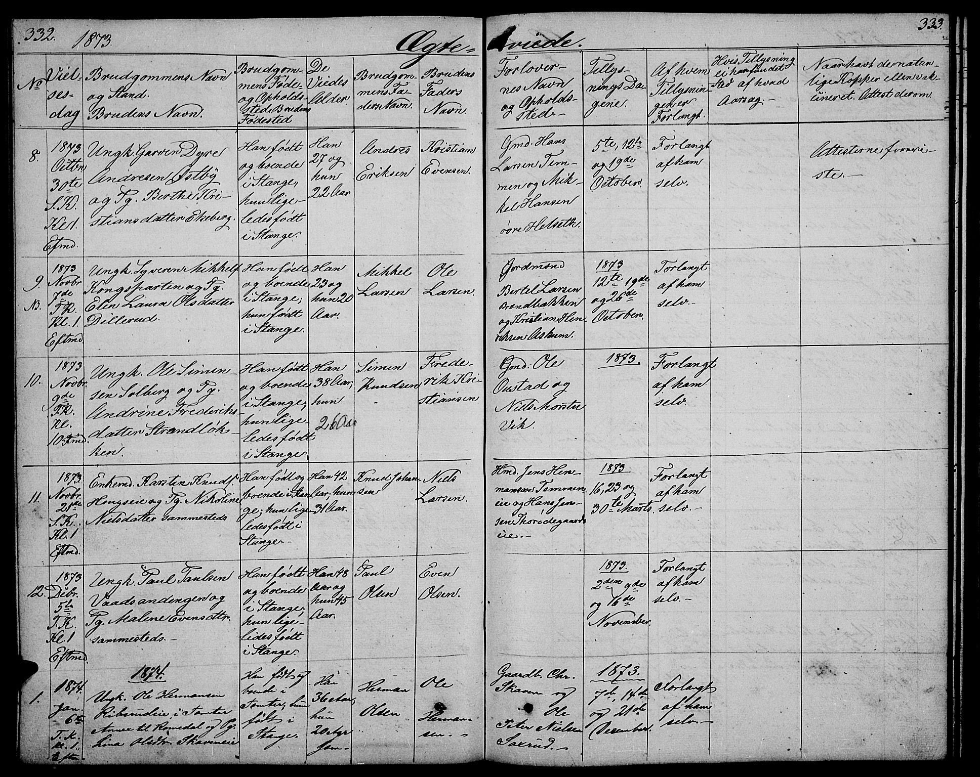 Stange prestekontor, SAH/PREST-002/L/L0005: Parish register (copy) no. 5, 1861-1881, p. 332-333