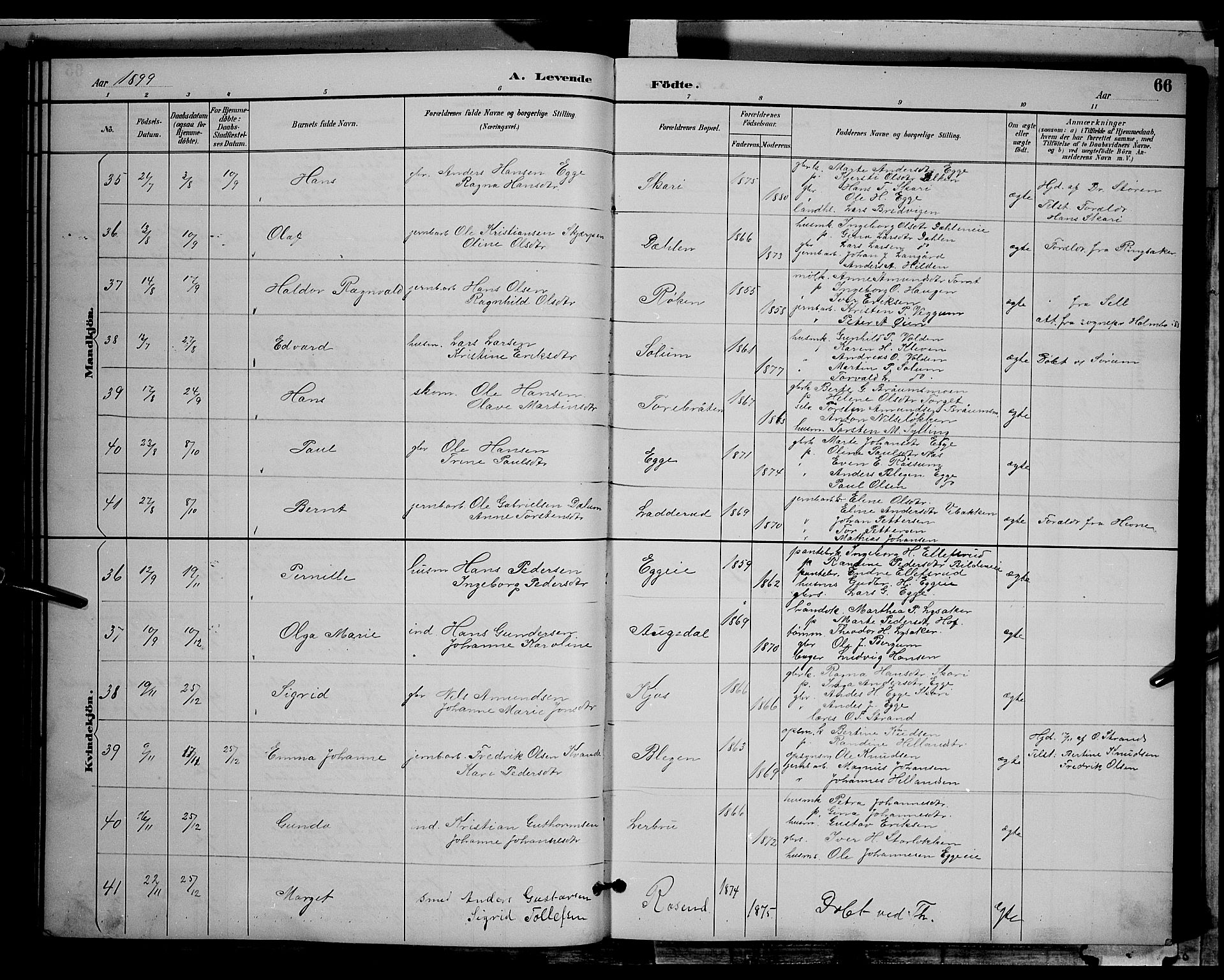 Gran prestekontor, AV/SAH-PREST-112/H/Ha/Hab/L0004: Parish register (copy) no. 4, 1890-1899, p. 66