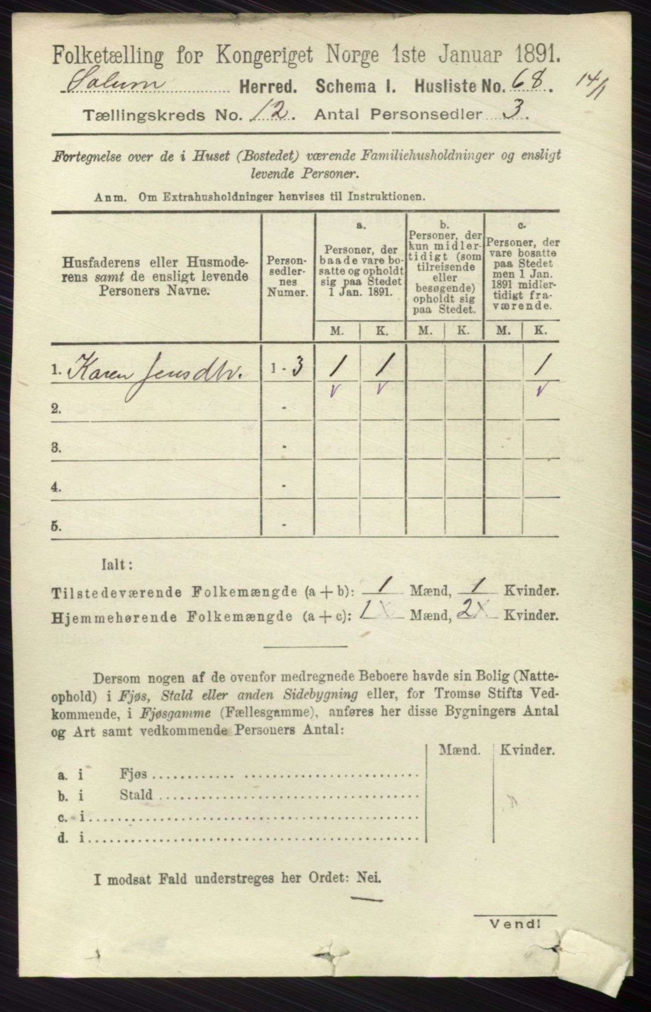 RA, 1891 census for 0818 Solum, 1891, p. 5611