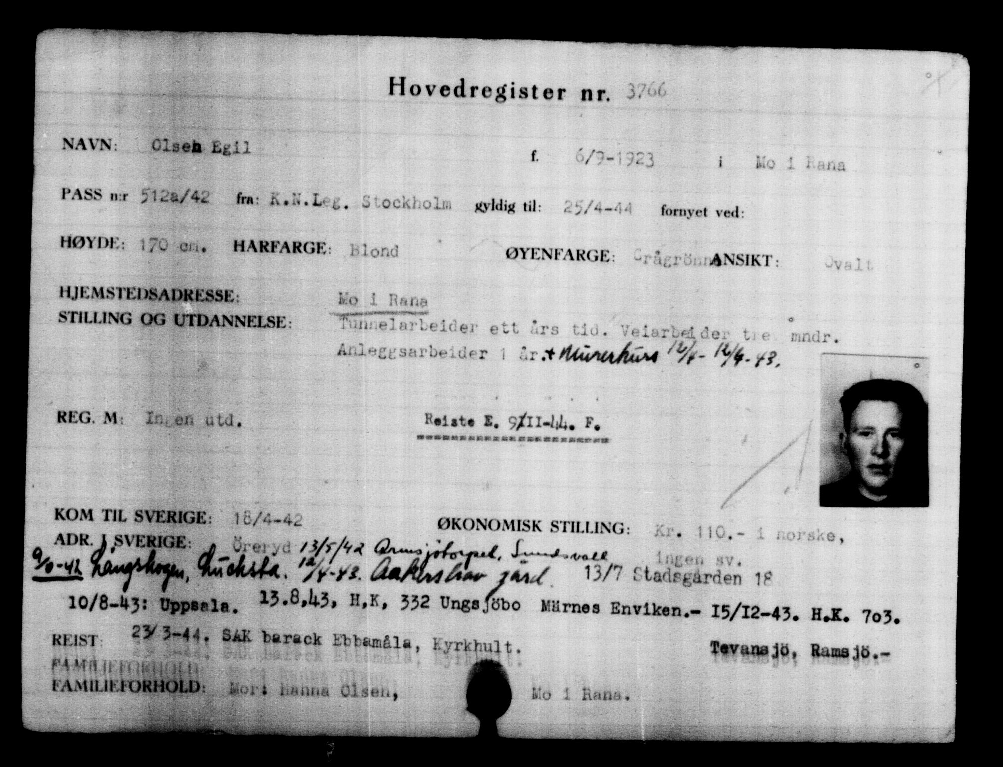 Utenriksstasjonene, Legasjonen i Stockholm, Flyktningkontoret, AV/RA-S-6753/V/Va/L0004: Kjesäterkartoteket, flyktninger med registreringsnr. 3496-6610, 1940-1945, p. 311