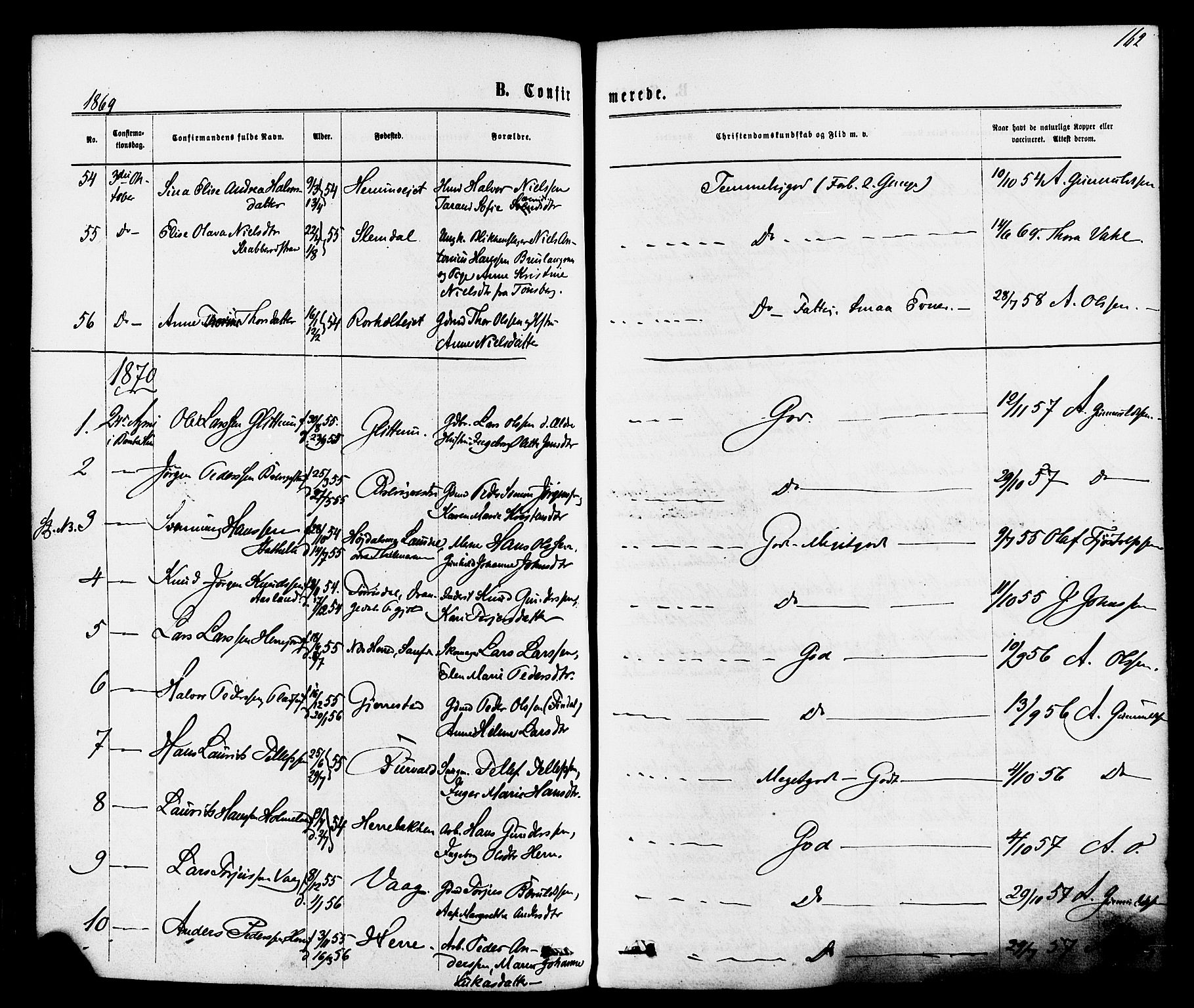 Bamble kirkebøker, SAKO/A-253/F/Fa/L0006: Parish register (official) no. I 6, 1869-1877, p. 162