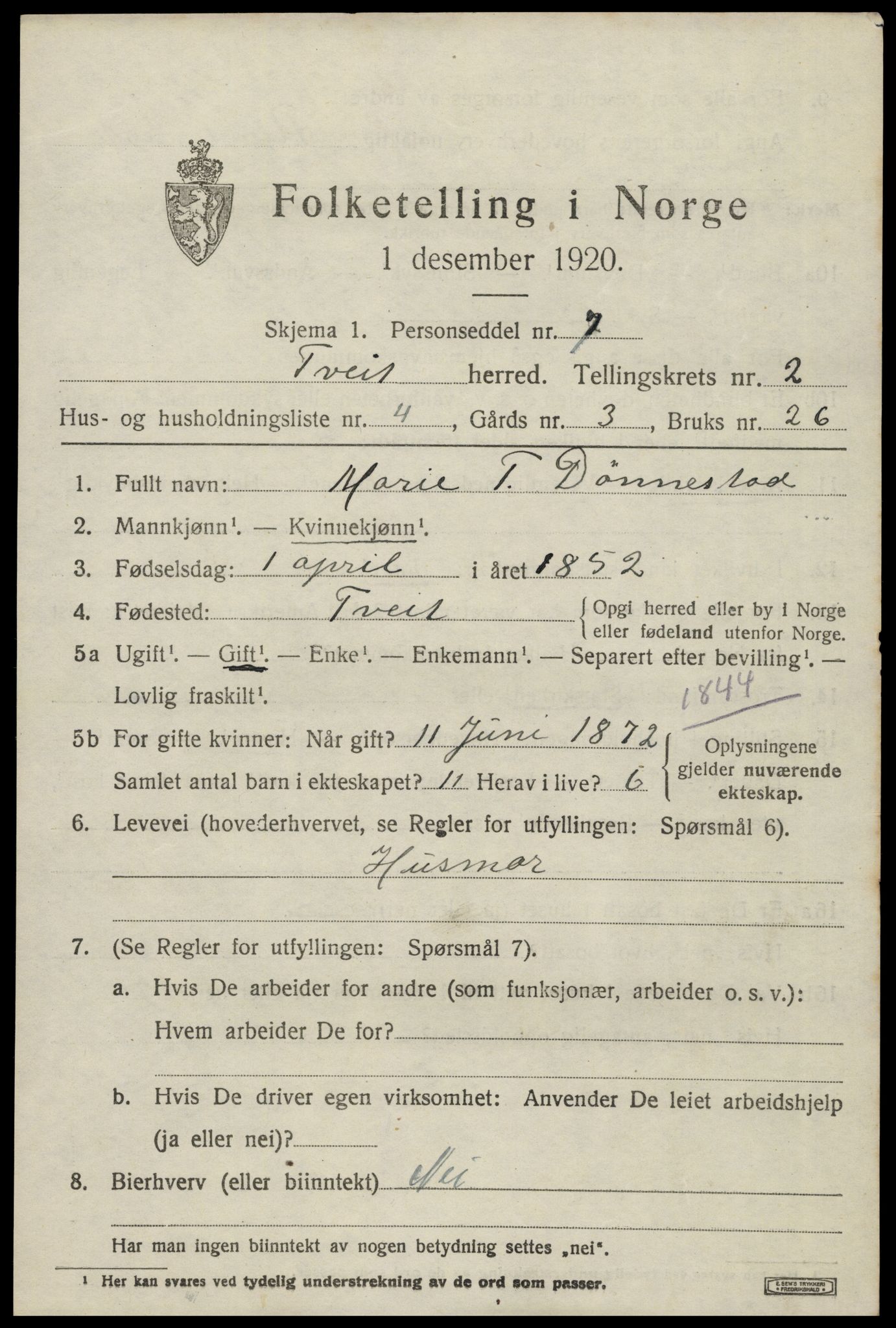 SAK, 1920 census for Tveit, 1920, p. 1262