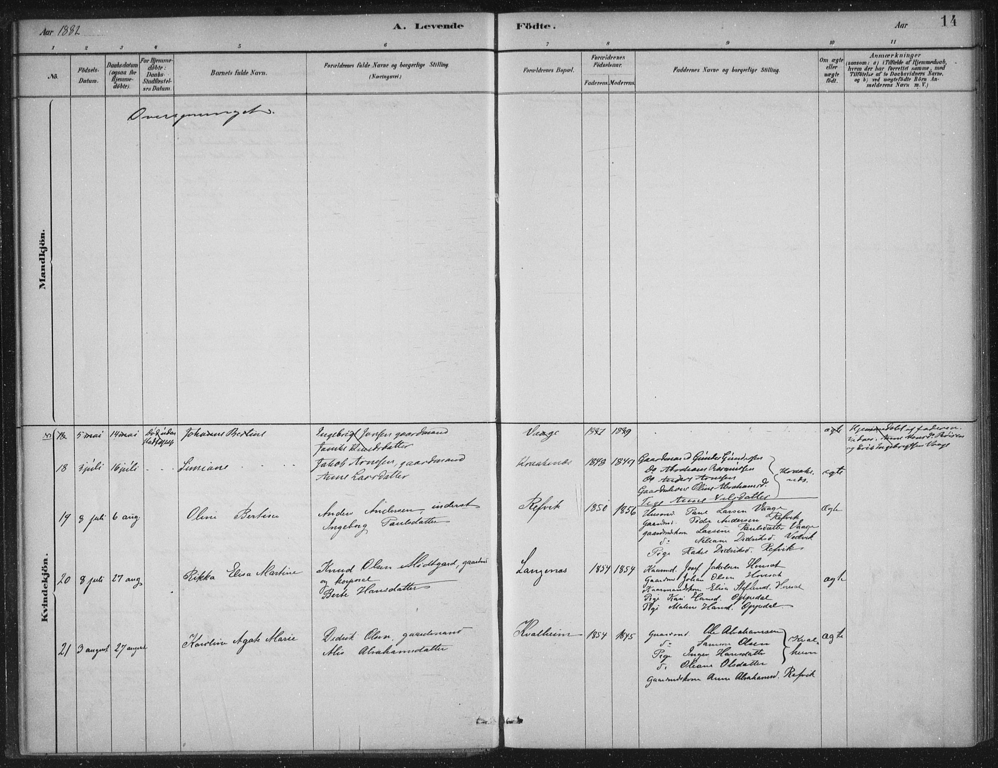 Selje sokneprestembete, AV/SAB-A-99938/H/Ha/Haa/Haac/L0001: Parish register (official) no. C  1, 1881-1888, p. 14