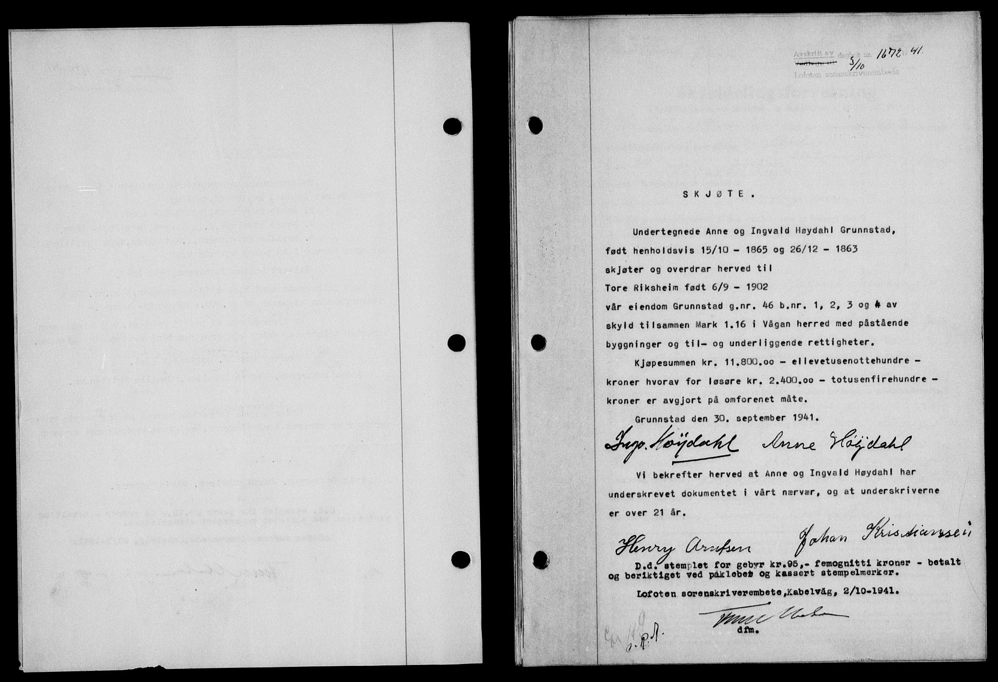 Lofoten sorenskriveri, SAT/A-0017/1/2/2C/L0009a: Mortgage book no. 9a, 1941-1942, Diary no: : 1672/1941