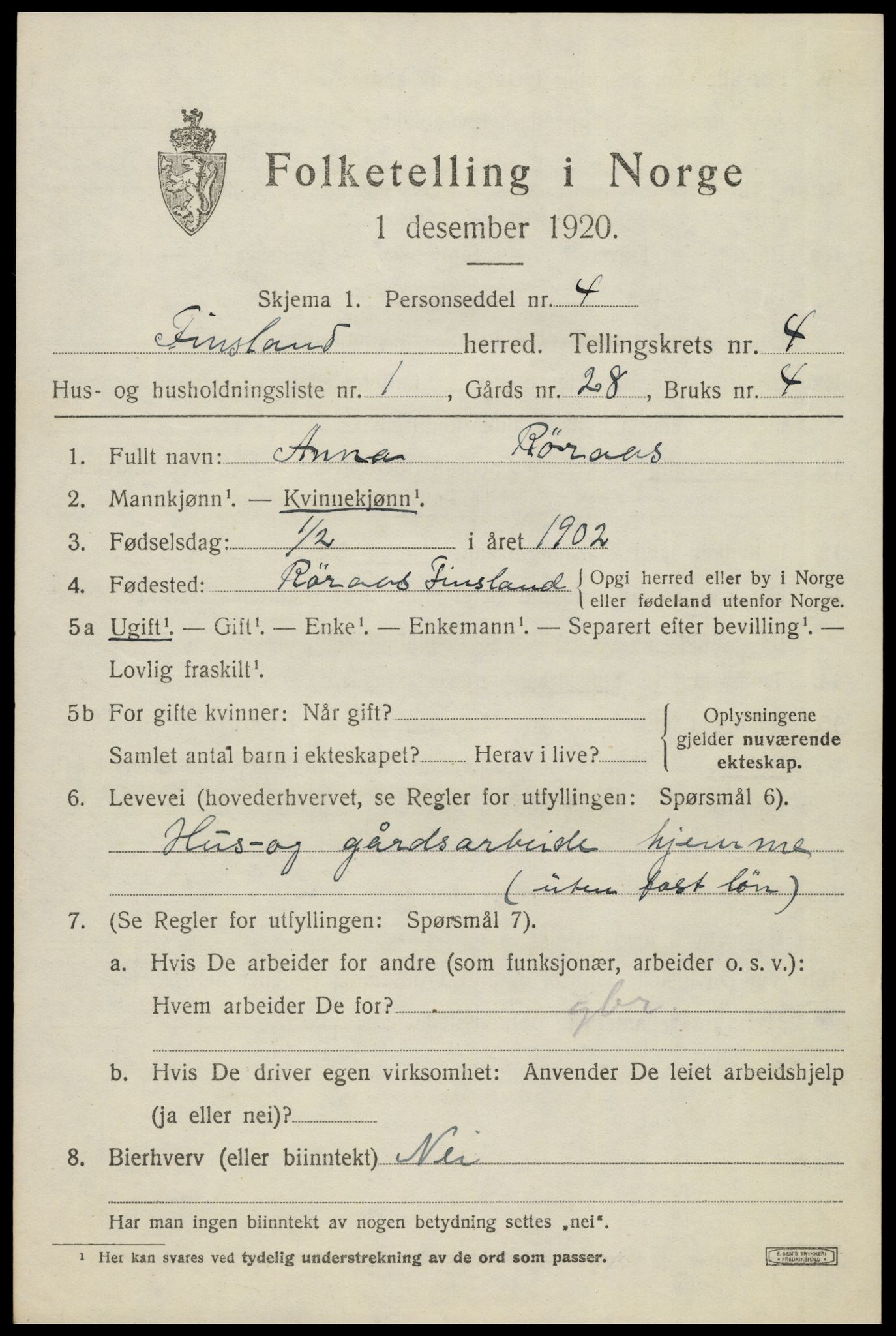 SAK, 1920 census for Finsland, 1920, p. 1608