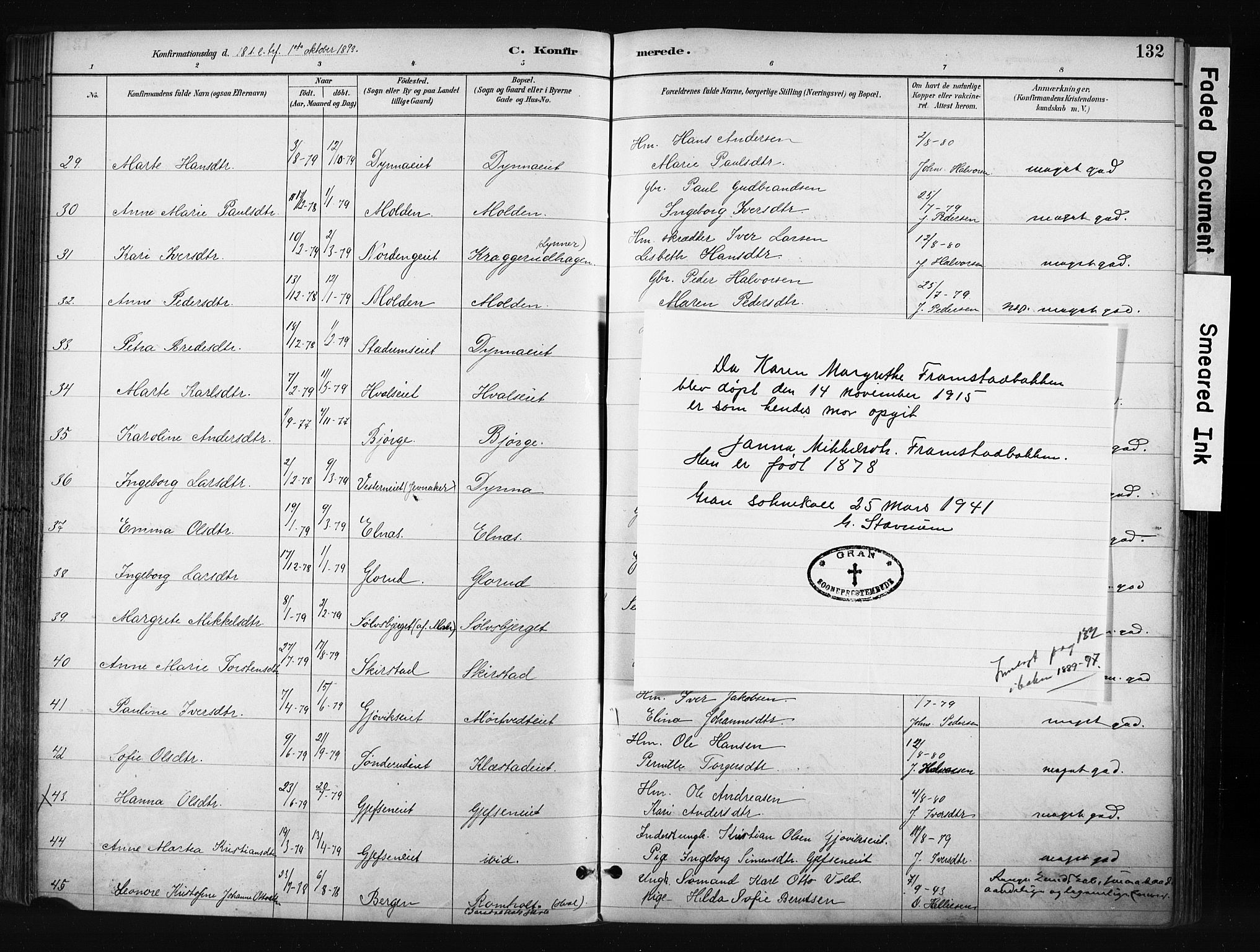Gran prestekontor, SAH/PREST-112/H/Ha/Haa/L0017: Parish register (official) no. 17, 1889-1897, p. 132