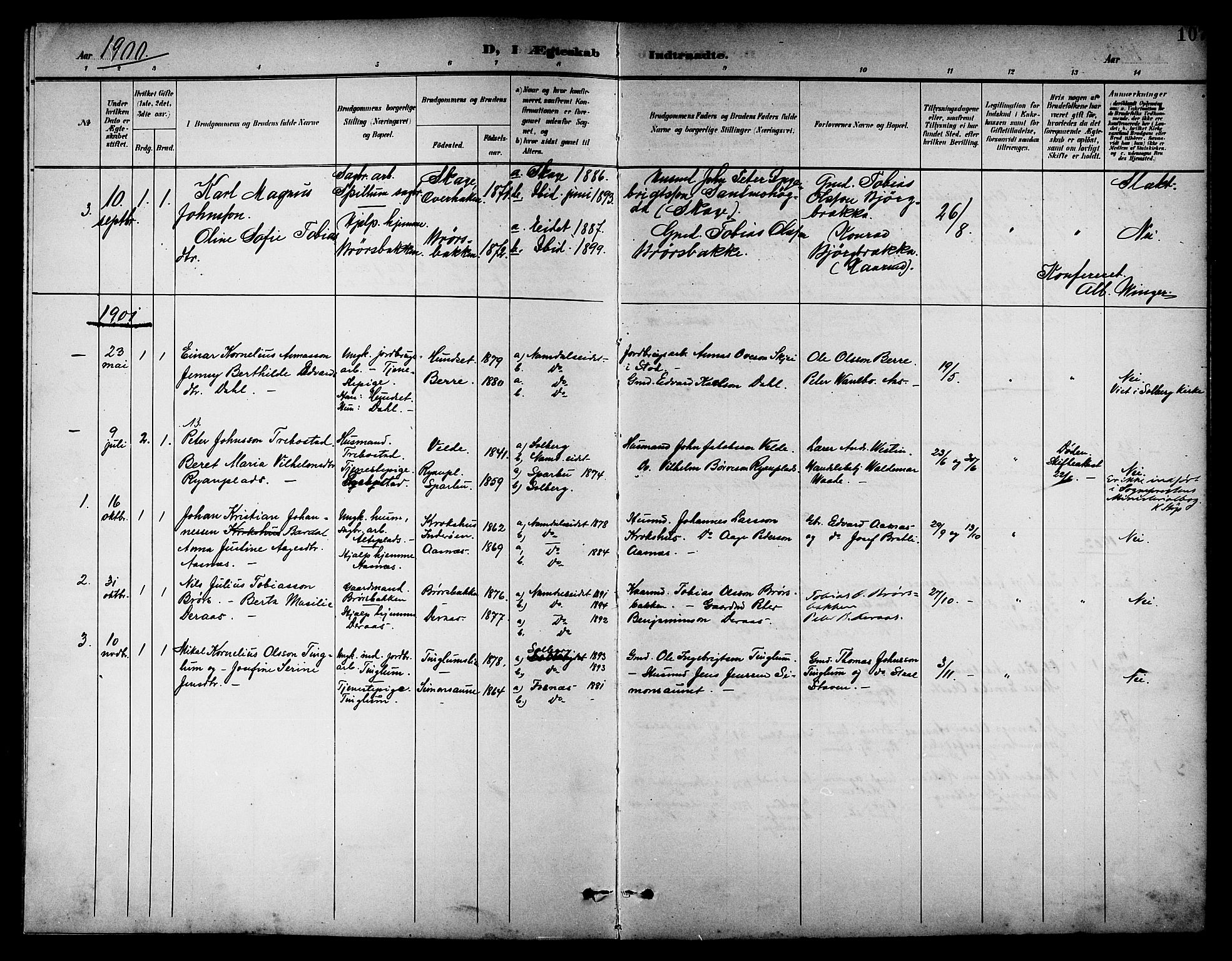 Ministerialprotokoller, klokkerbøker og fødselsregistre - Nord-Trøndelag, AV/SAT-A-1458/742/L0412: Parish register (copy) no. 742C03, 1898-1910, p. 107