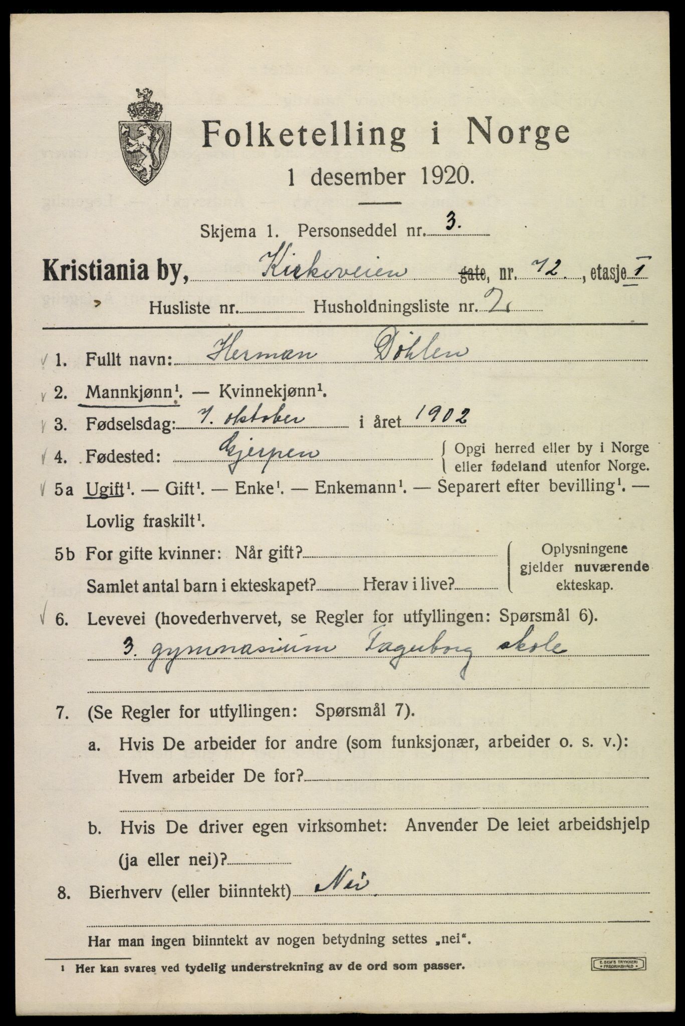 SAO, 1920 census for Kristiania, 1920, p. 339657