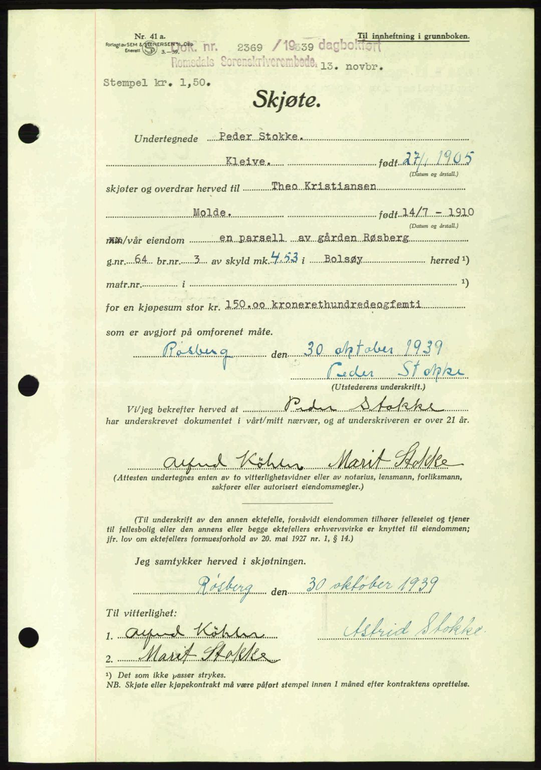 Romsdal sorenskriveri, AV/SAT-A-4149/1/2/2C: Mortgage book no. A7, 1939-1939, Diary no: : 2369/1939