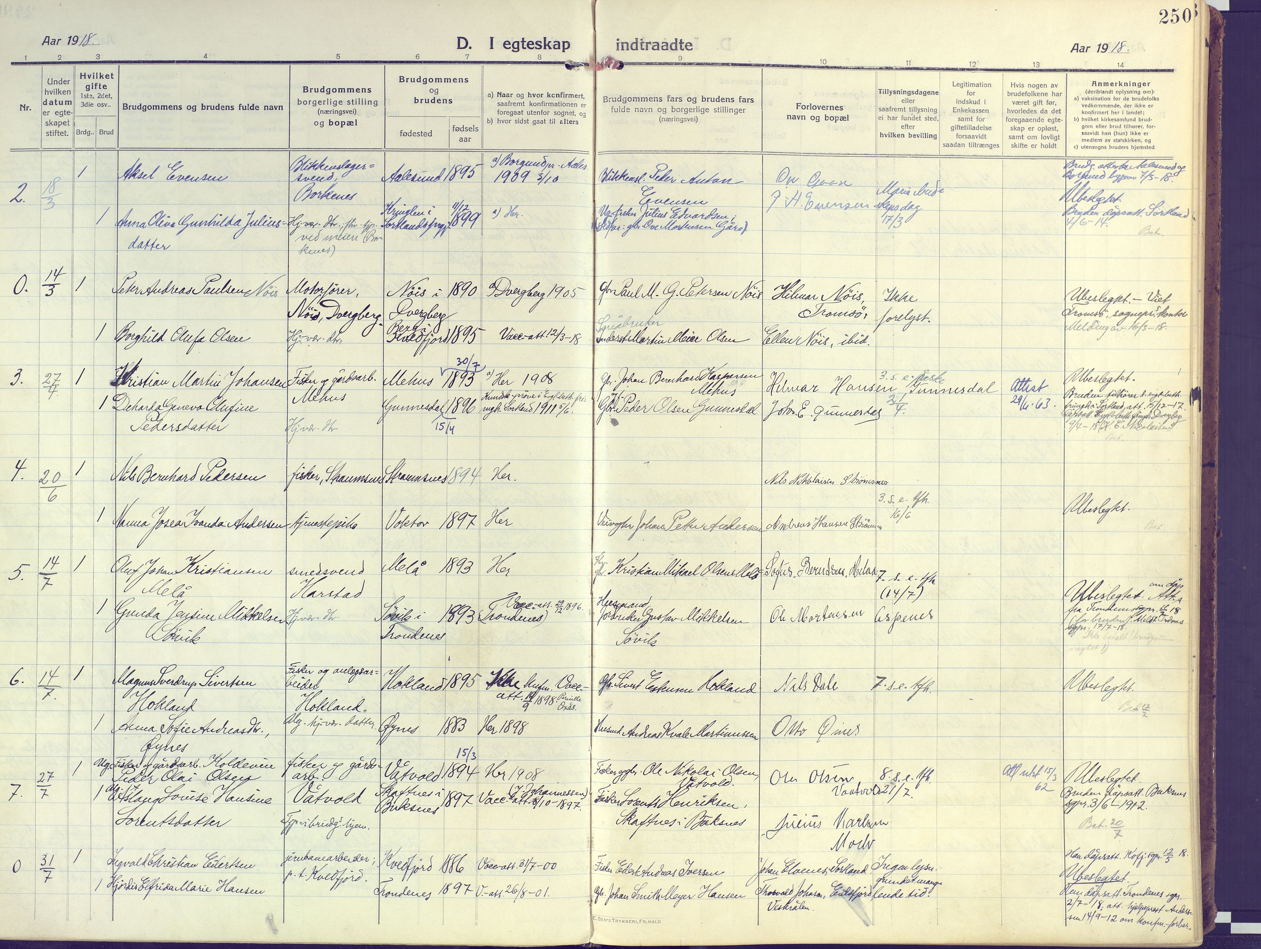Kvæfjord sokneprestkontor, SATØ/S-1323/G/Ga/Gaa/L0007kirke: Parish register (official) no. 7, 1915-1931, p. 250