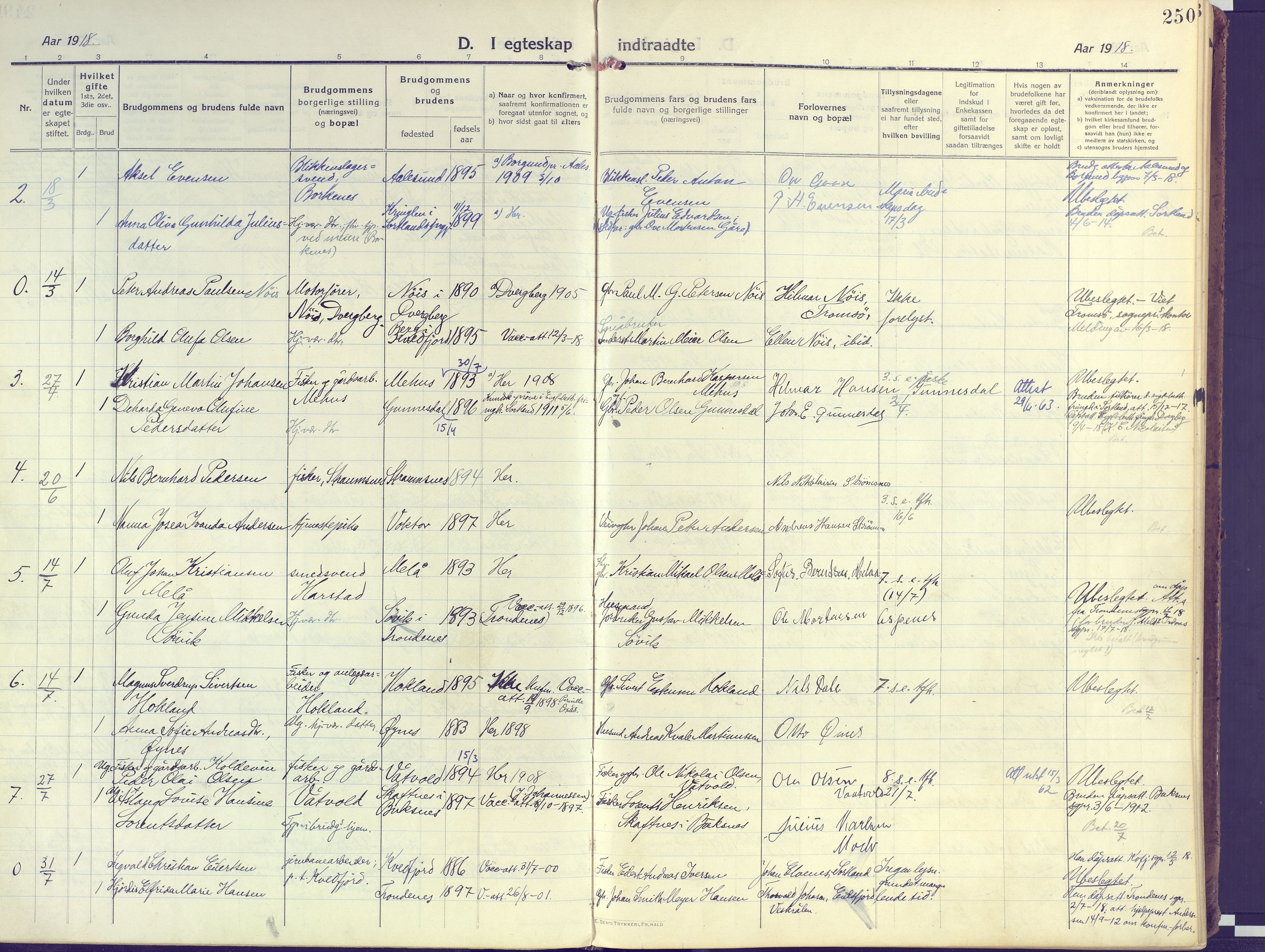 Kvæfjord sokneprestkontor, AV/SATØ-S-1323/G/Ga/Gaa/L0007kirke: Parish register (official) no. 7, 1915-1931, p. 250