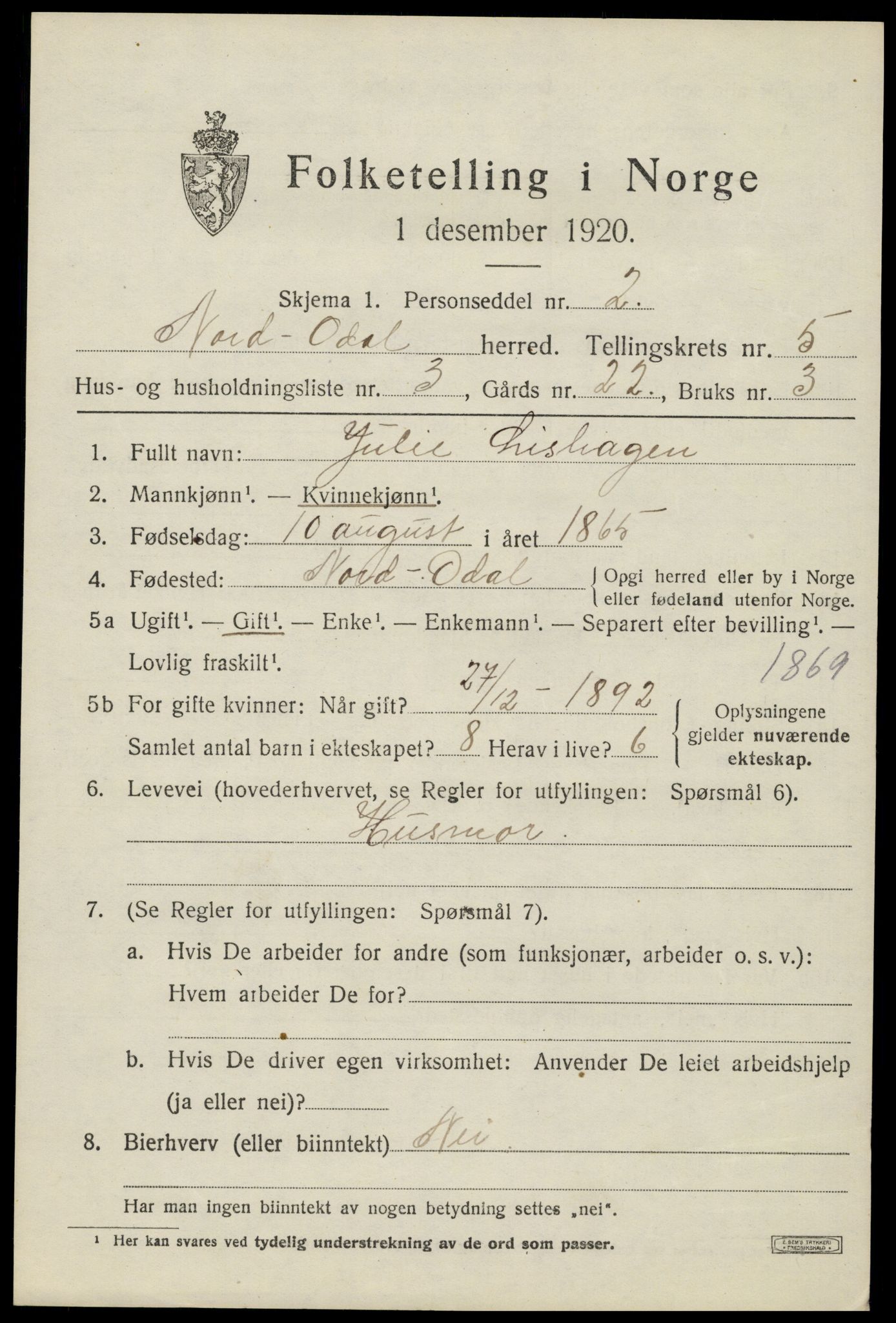 SAH, 1920 census for Nord-Odal, 1920, p. 5057