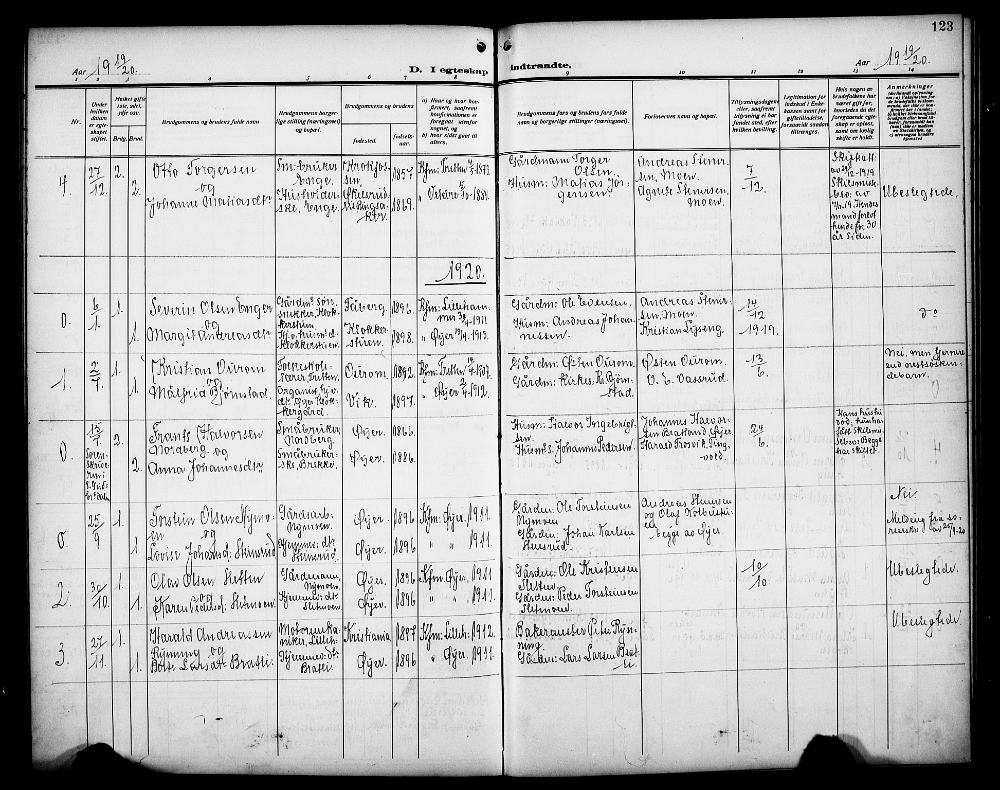 Øyer prestekontor, AV/SAH-PREST-084/H/Ha/Hab/L0007: Parish register (copy) no. 7, 1913-1928, p. 123