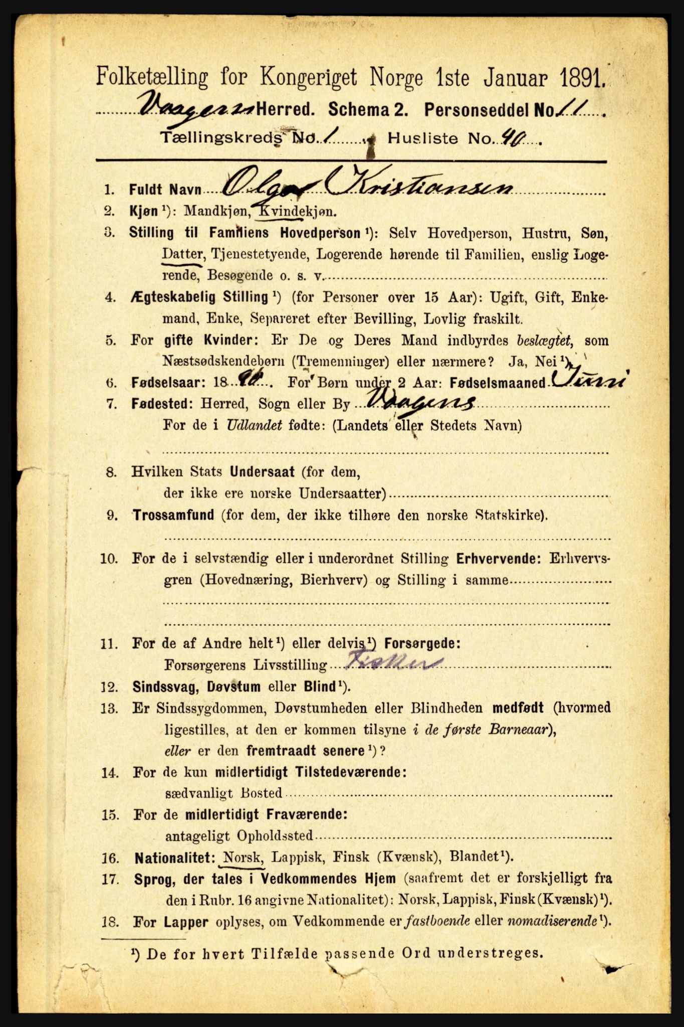 RA, 1891 census for 1865 Vågan, 1891, p. 376