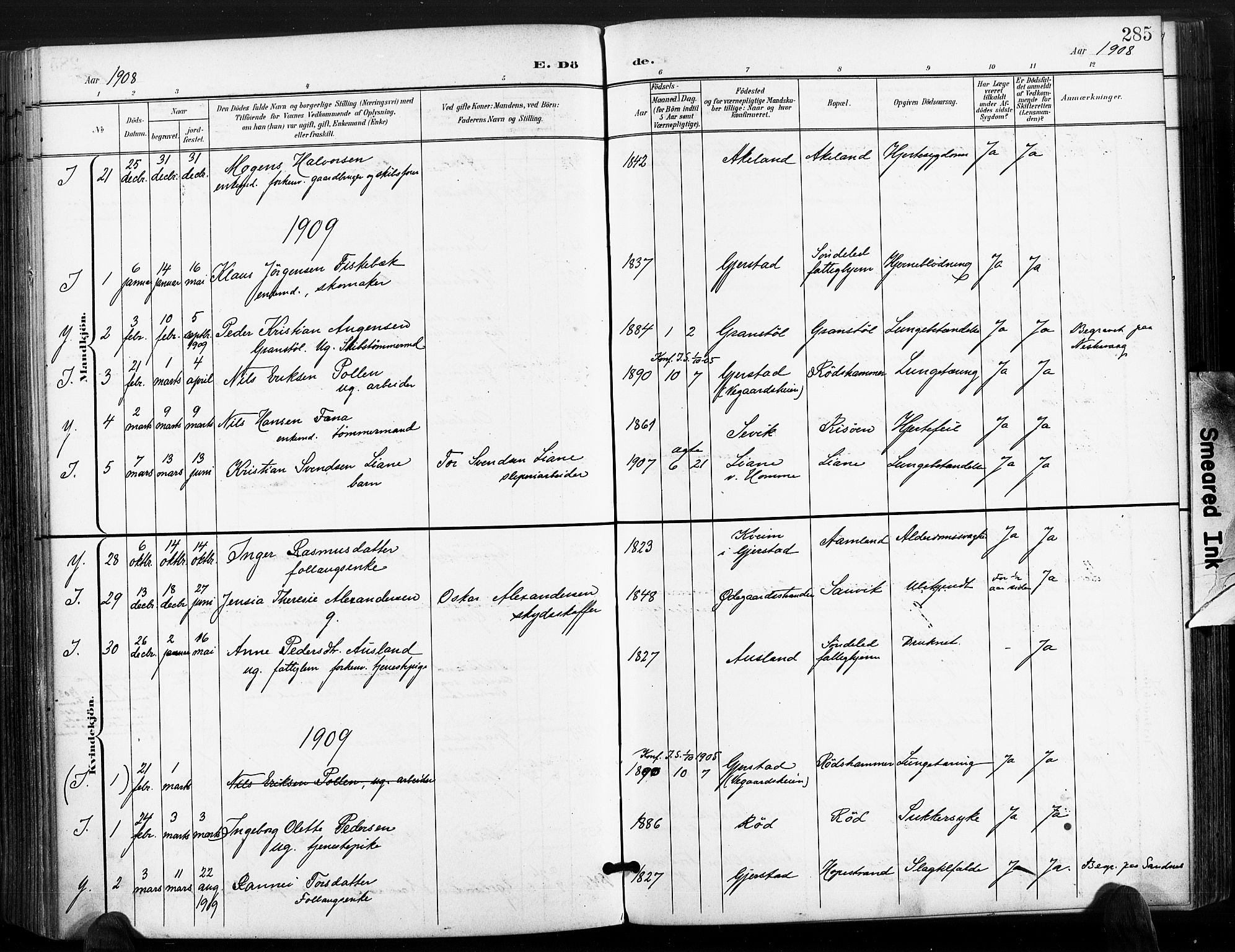 Søndeled sokneprestkontor, AV/SAK-1111-0038/F/Fa/L0006: Parish register (official) no. A 6, 1900-1922, p. 285