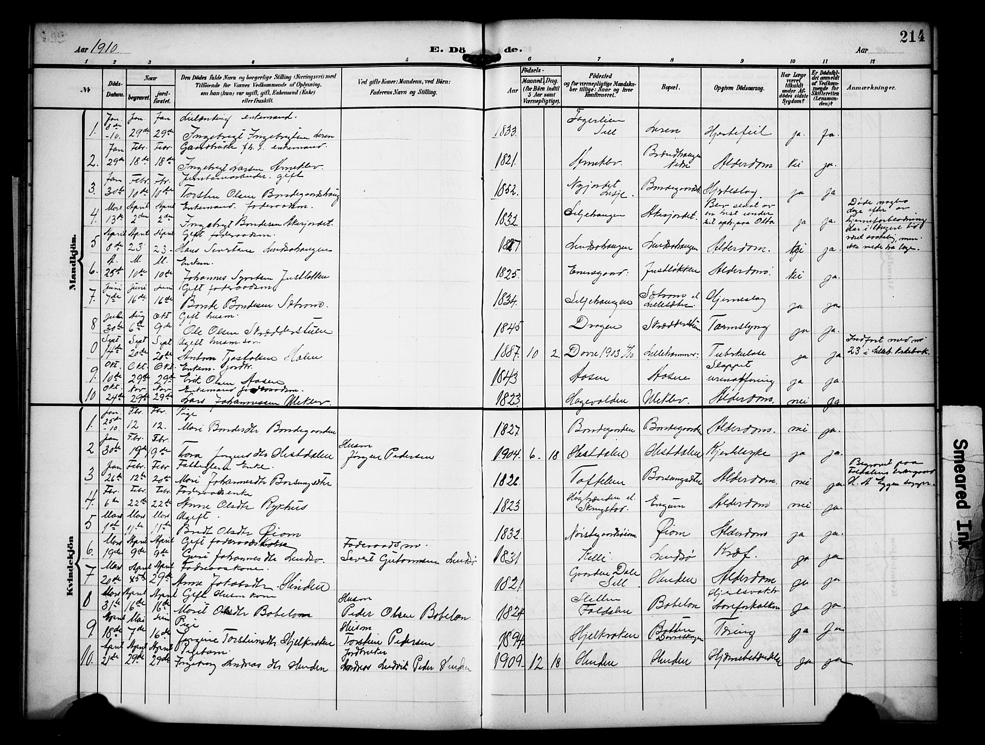 Dovre prestekontor, AV/SAH-PREST-066/H/Ha/Hab/L0003: Parish register (copy) no. 3, 1907-1929, p. 214