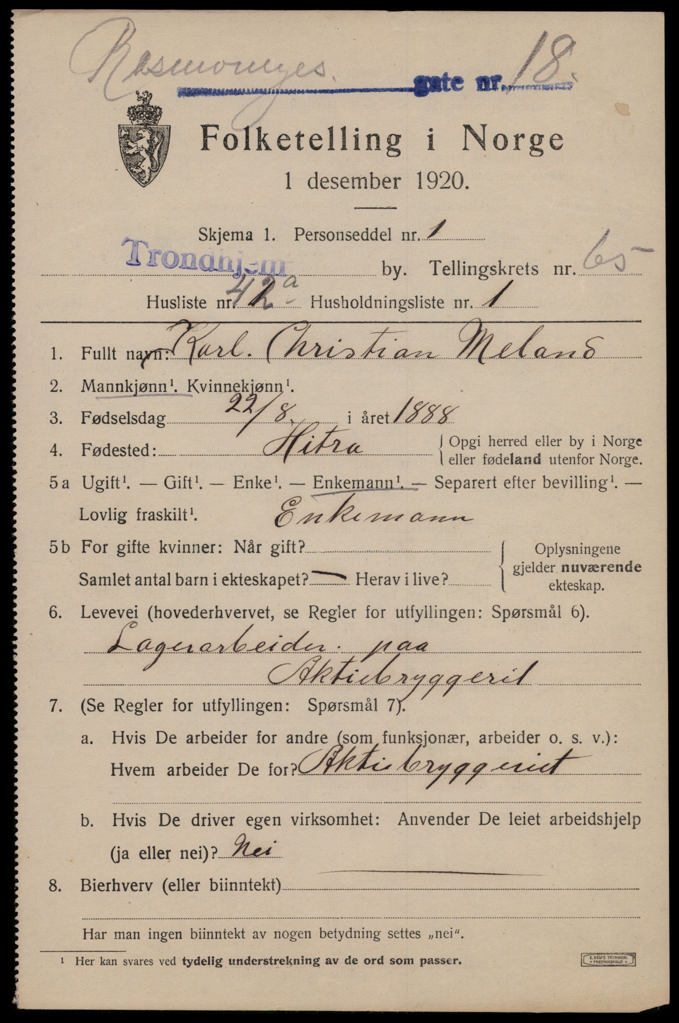 SAT, 1920 census for Trondheim, 1920, p. 129818