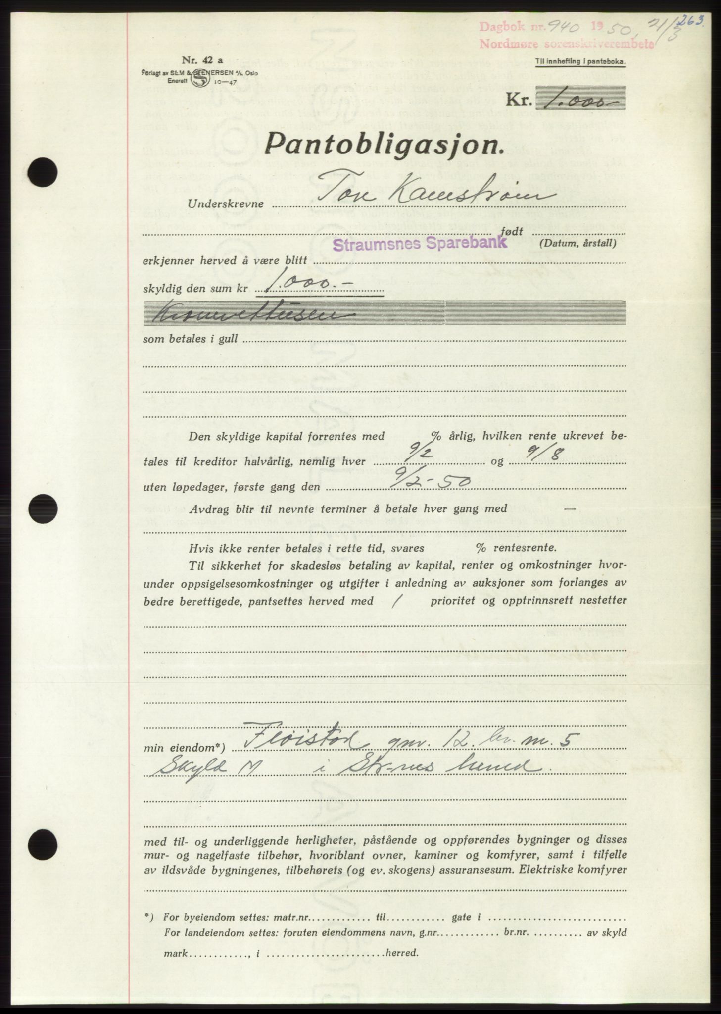 Nordmøre sorenskriveri, AV/SAT-A-4132/1/2/2Ca: Mortgage book no. B104, 1950-1950, Diary no: : 940/1950