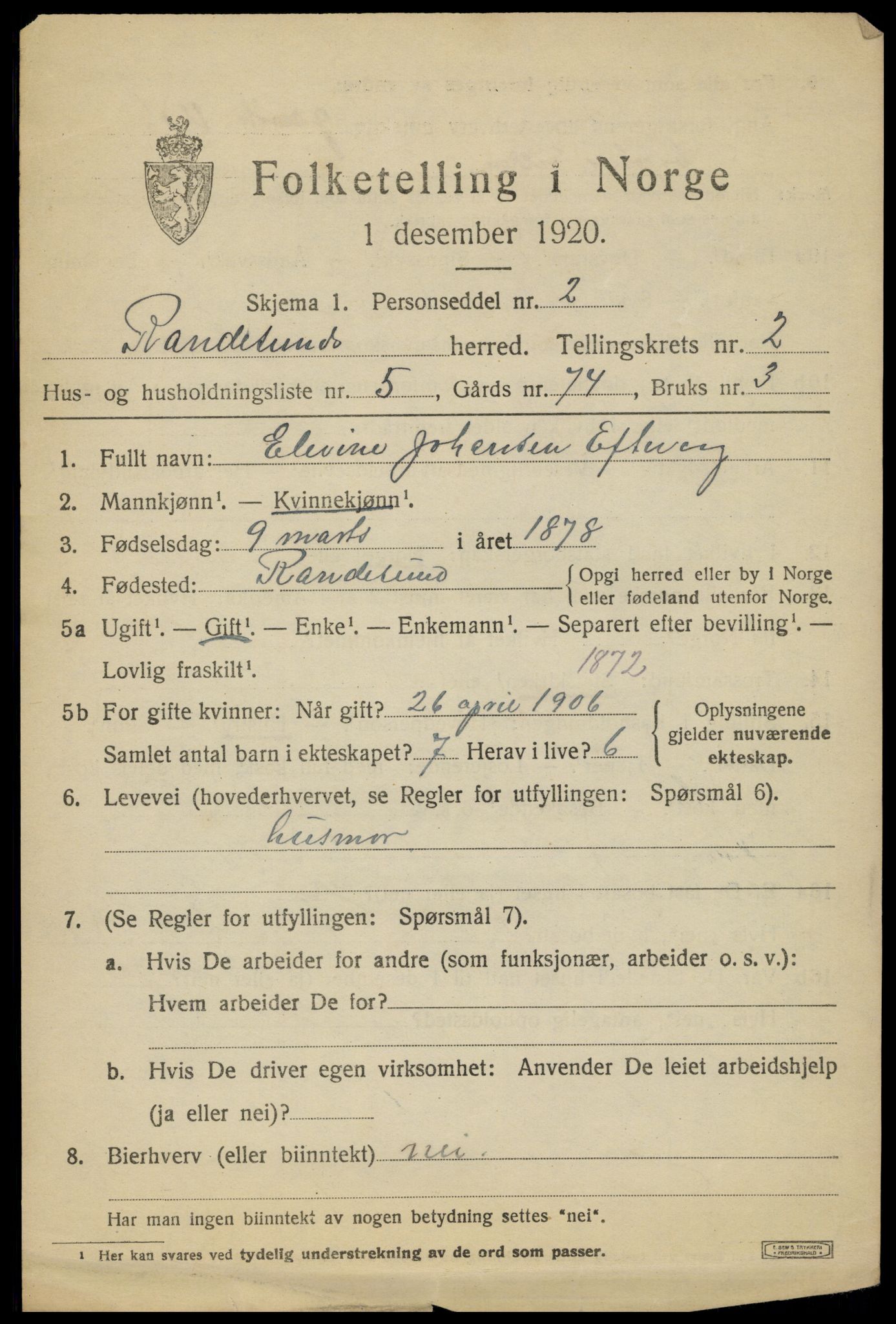 SAK, 1920 census for Randesund, 1920, p. 1120