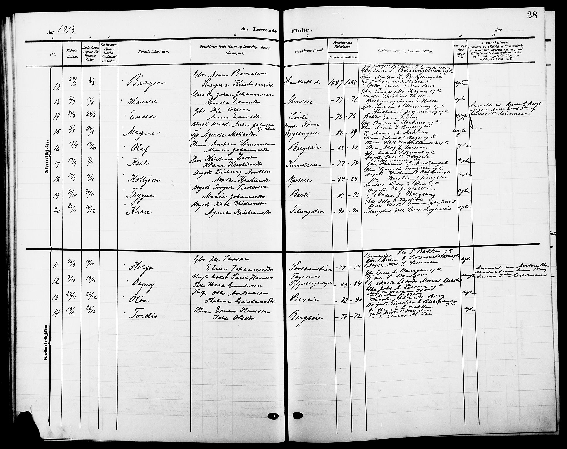 Ringsaker prestekontor, SAH/PREST-014/L/La/L0016: Parish register (copy) no. 16, 1905-1920, p. 28