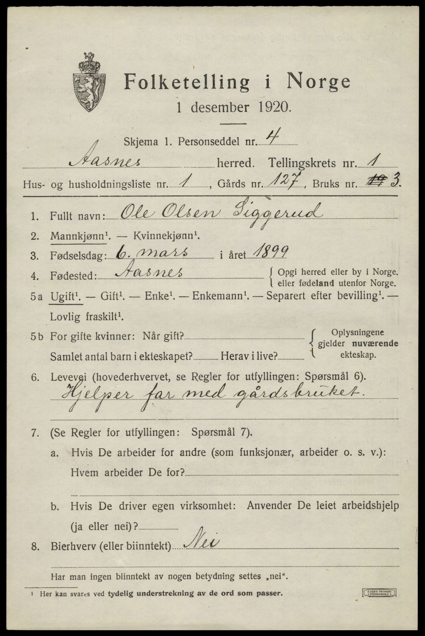 SAH, 1920 census for Åsnes, 1920, p. 2140