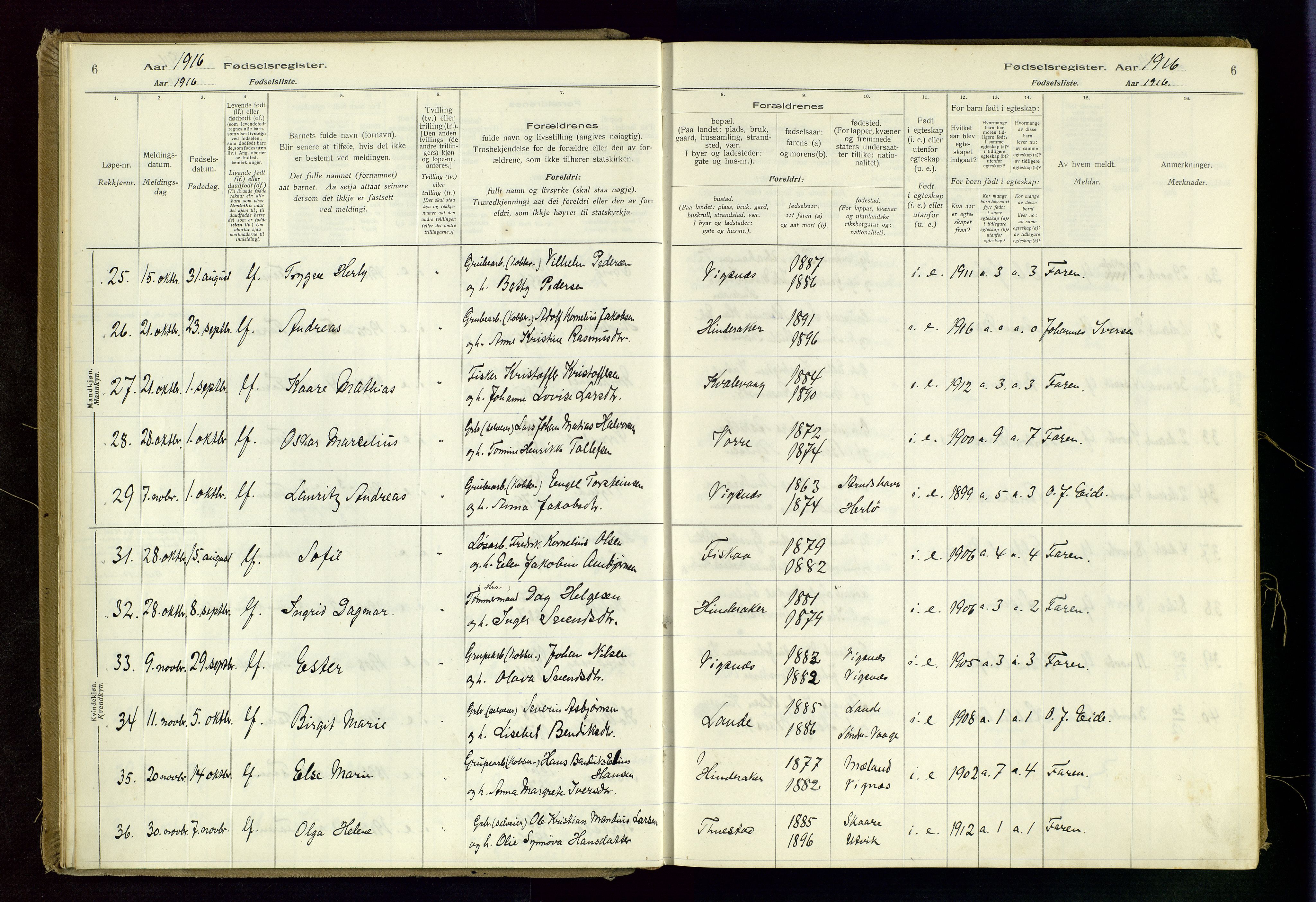 Avaldsnes sokneprestkontor, AV/SAST-A -101851/I/Id/L0001: Birth register no. 1, 1916-1946, p. 6