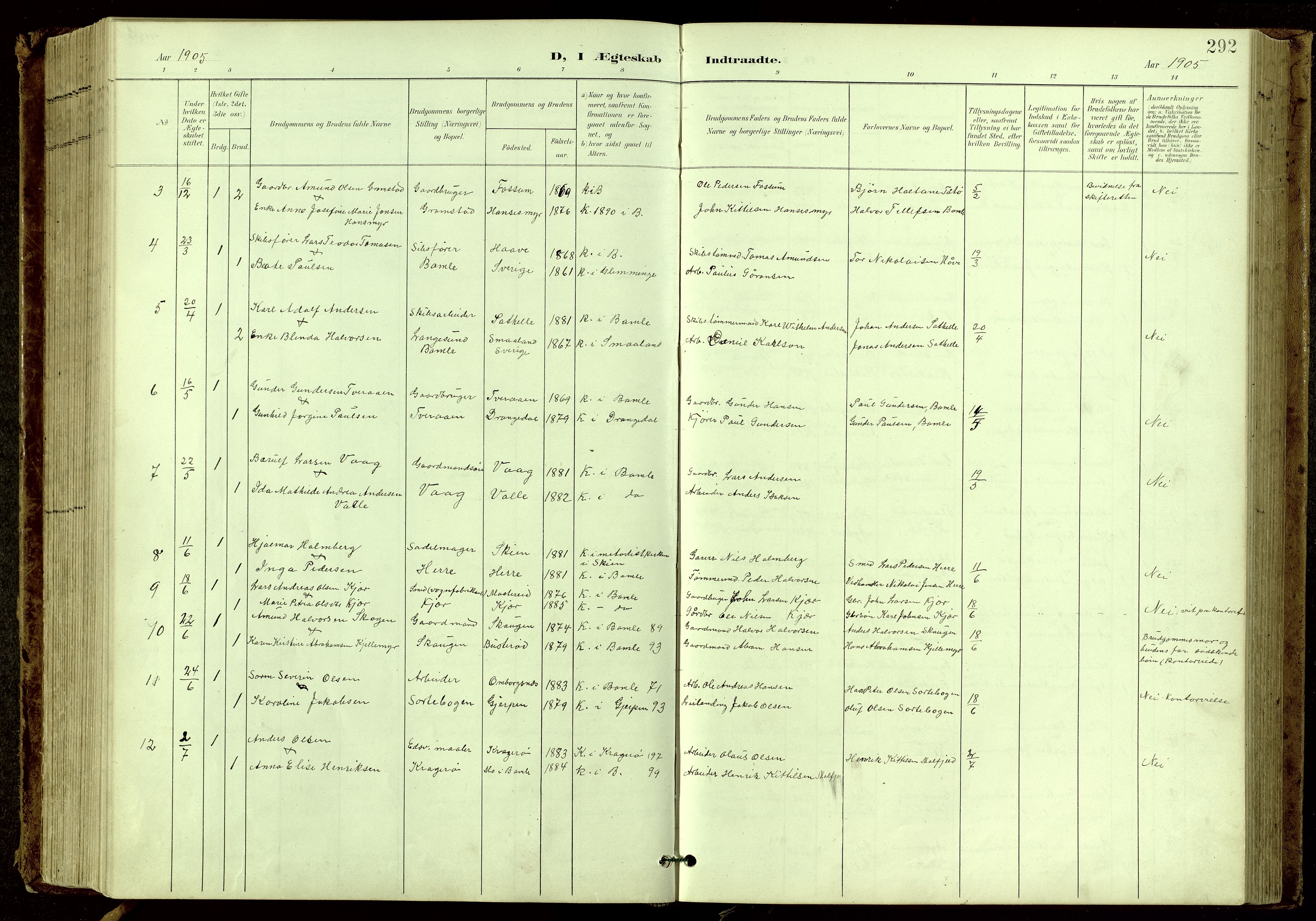 Bamble kirkebøker, SAKO/A-253/G/Ga/L0010: Parish register (copy) no. I 10, 1901-1919, p. 292