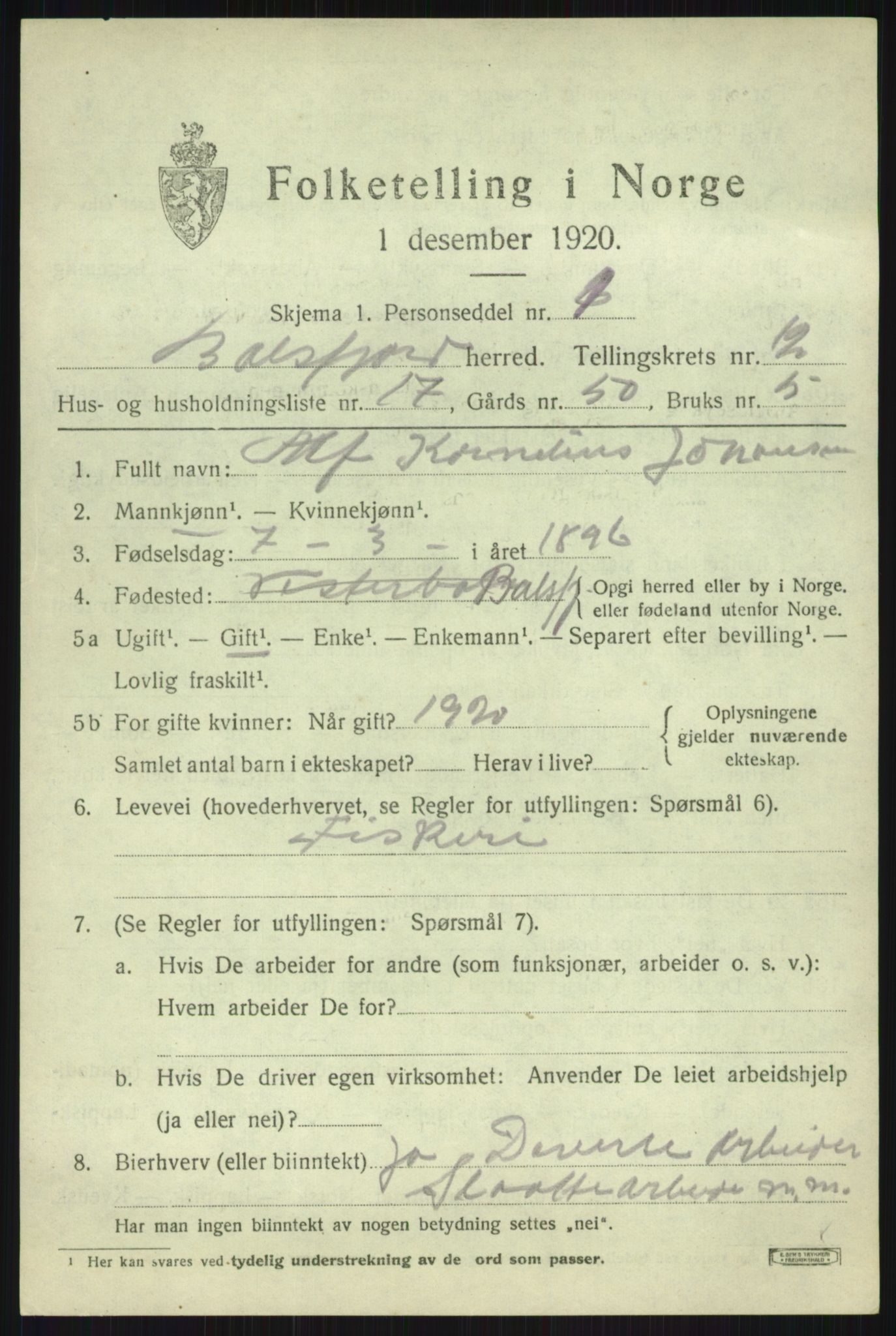 SATØ, 1920 census for Balsfjord, 1920, p. 7459