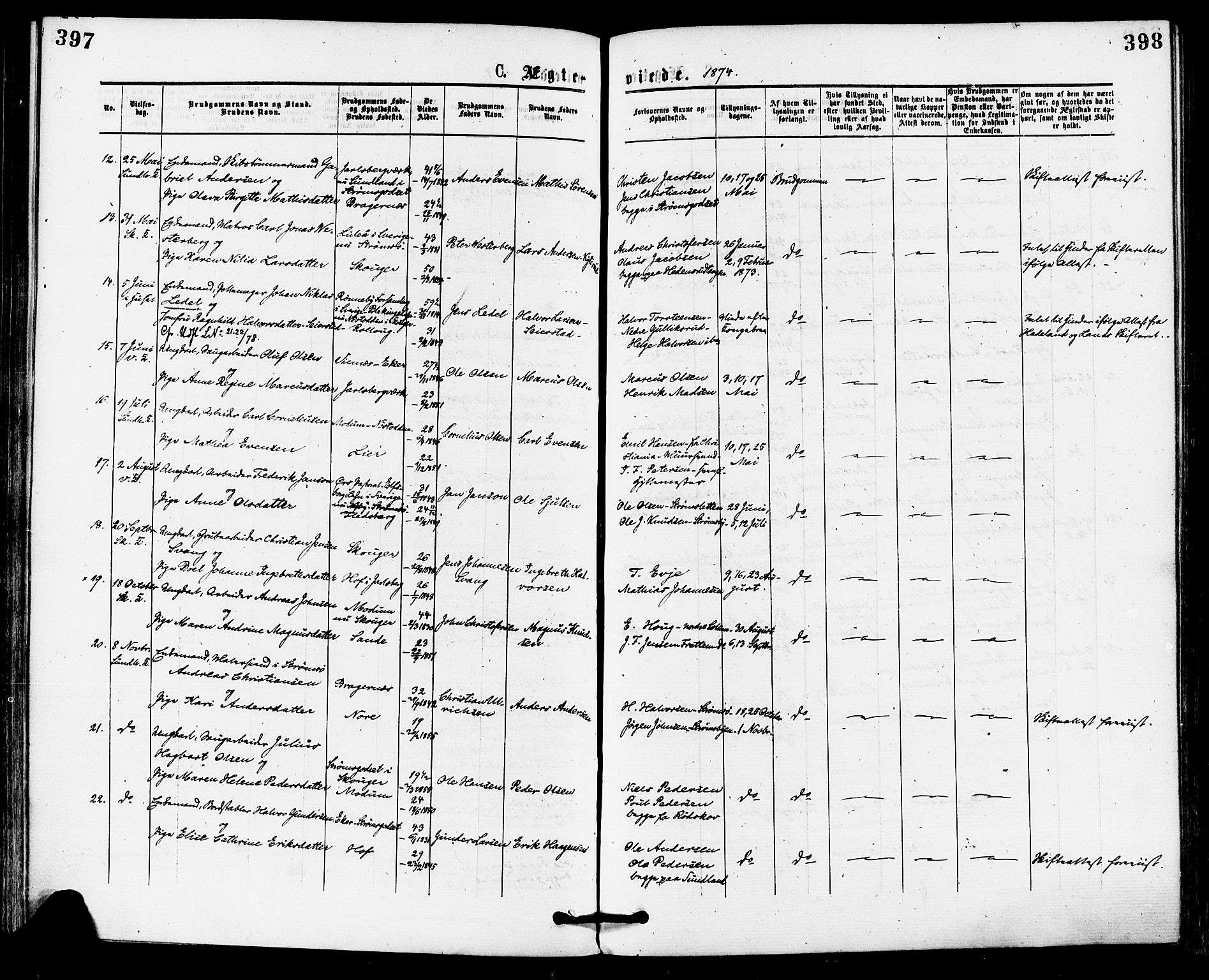 Skoger kirkebøker, AV/SAKO-A-59/F/Fa/L0005: Parish register (official) no. I 5, 1873-1884, p. 397-398