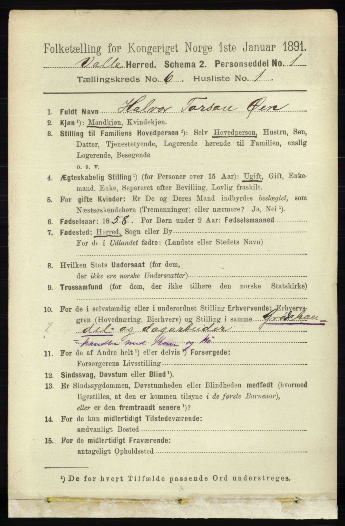 RA, 1891 census for 0940 Valle, 1891, p. 1680