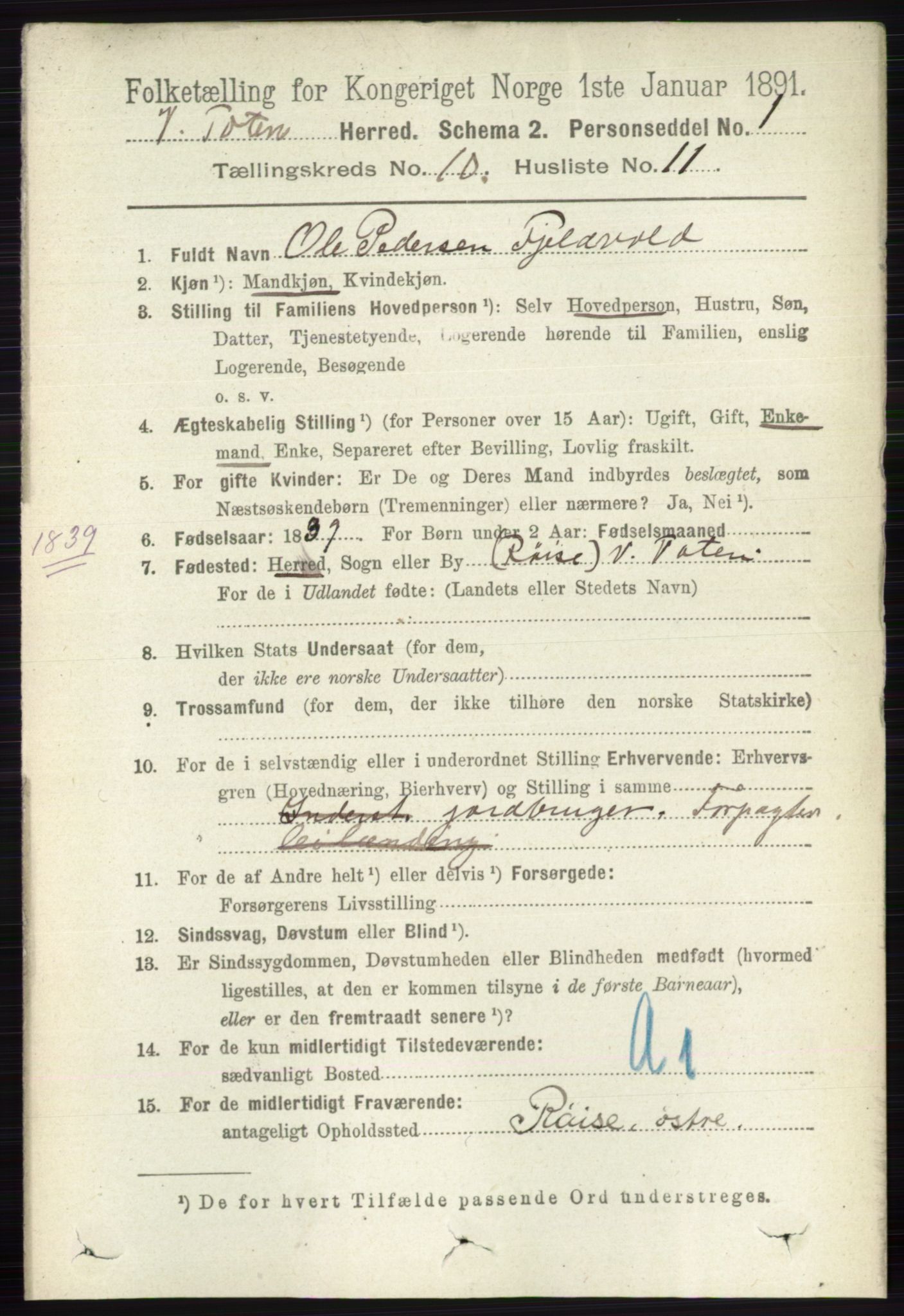 RA, 1891 census for 0529 Vestre Toten, 1891, p. 6245