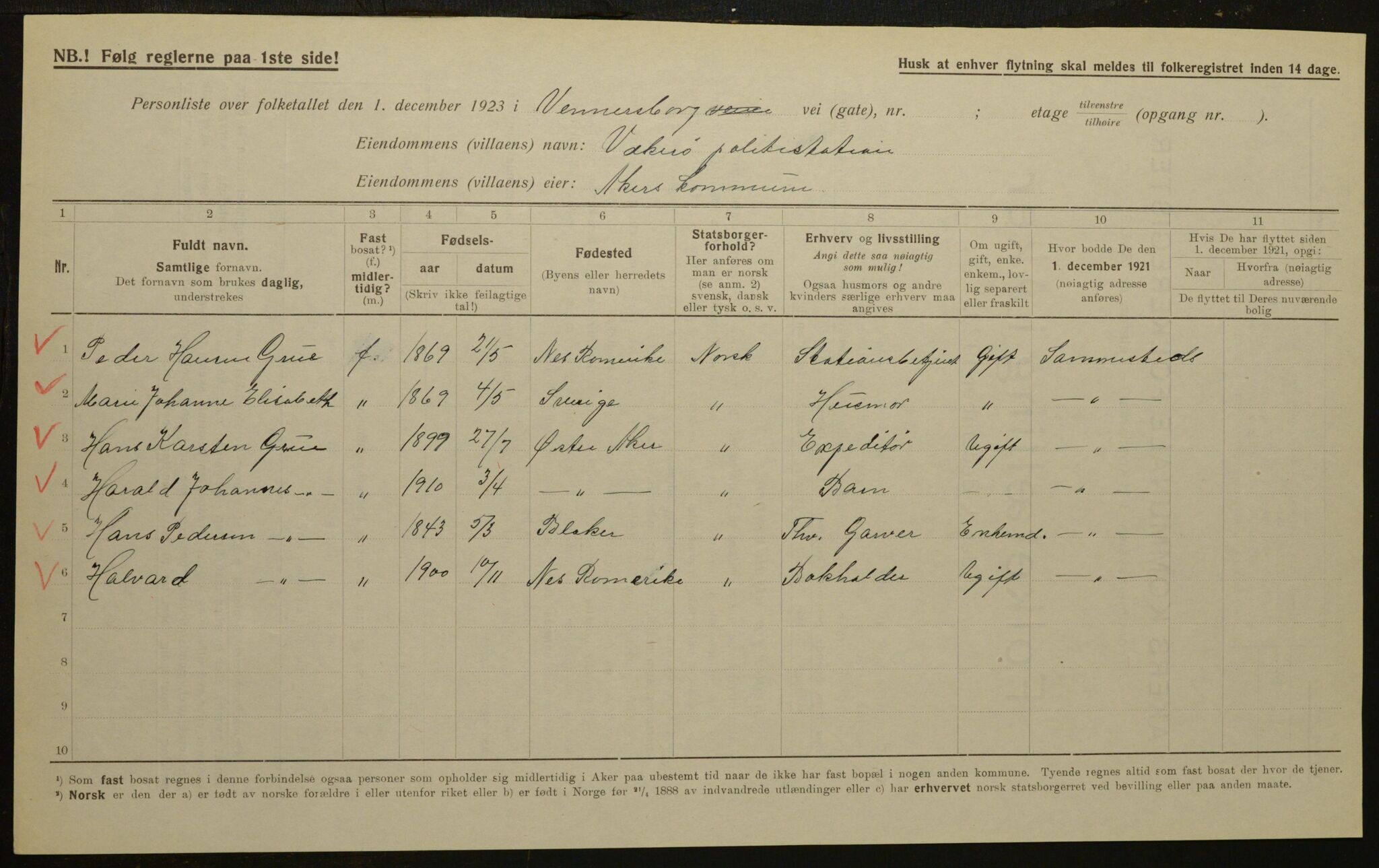 , Municipal Census 1923 for Aker, 1923, p. 1508