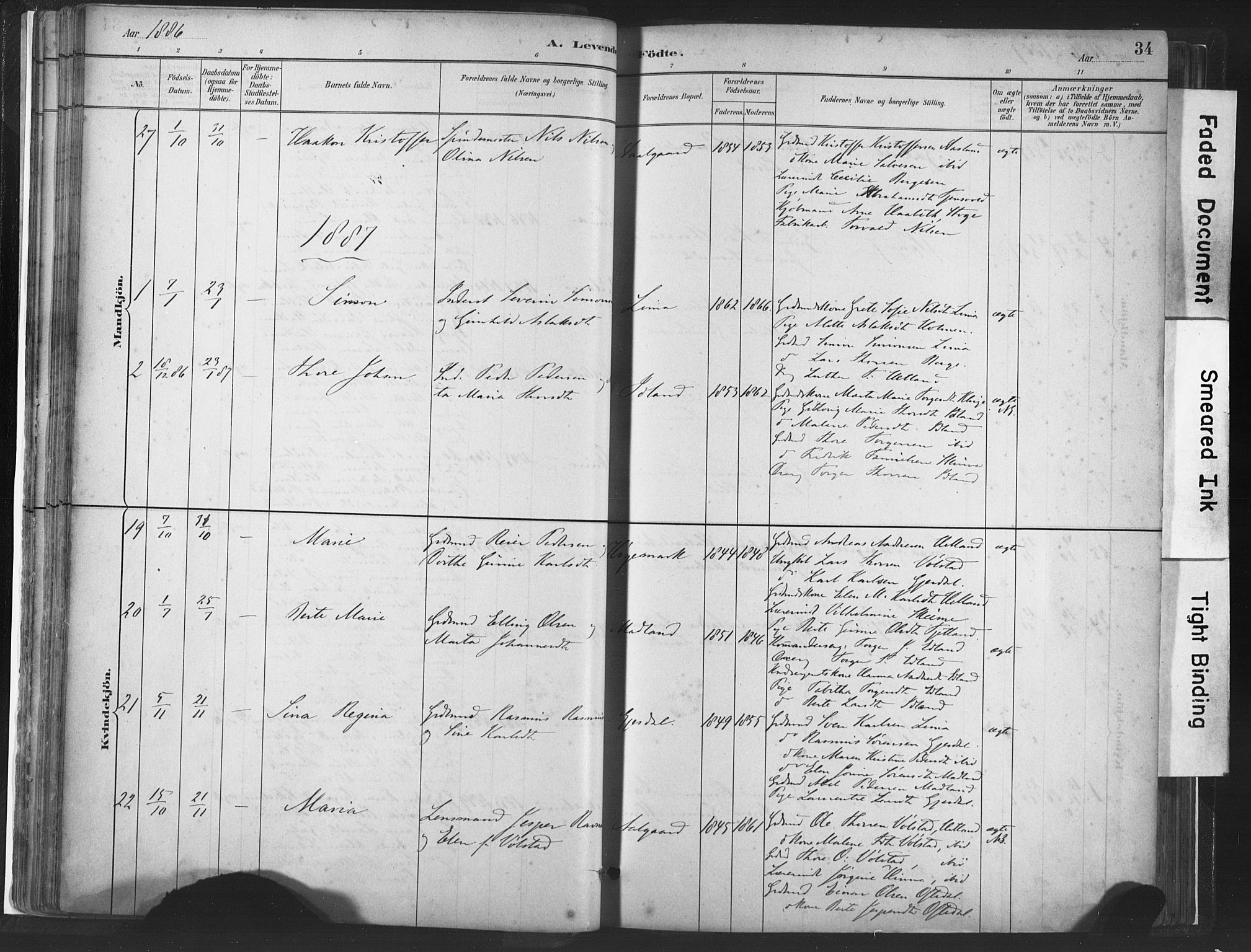Lye sokneprestkontor, SAST/A-101794/001/30BA/L0010: Parish register (official) no. A 10, 1881-1896, p. 34
