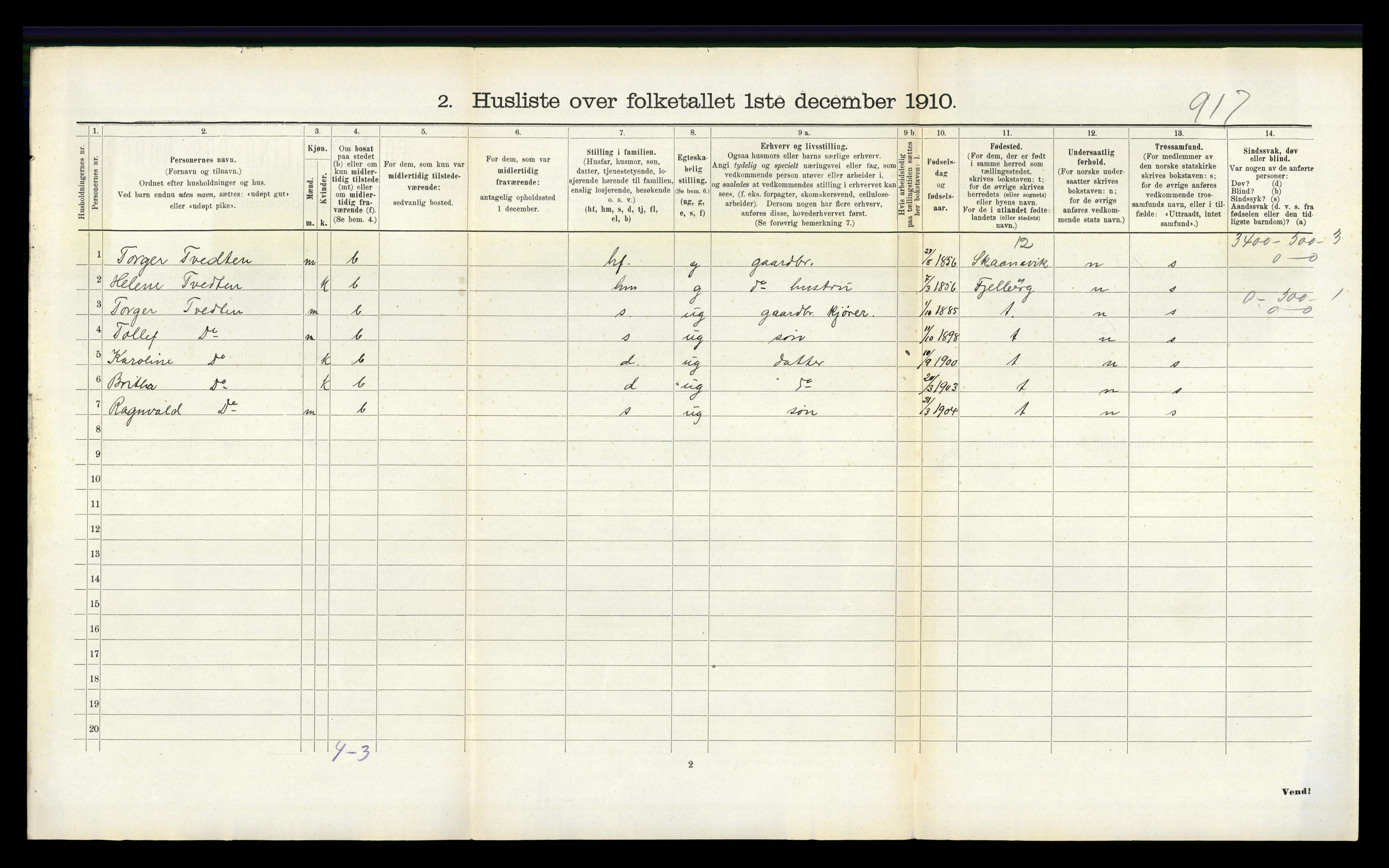 RA, 1910 census for Stord, 1910, p. 214