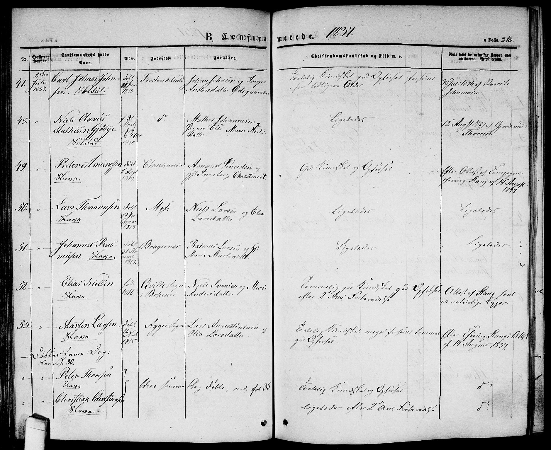 Halden prestekontor Kirkebøker, SAO/A-10909/G/Ga/L0003: Parish register (copy) no. 3, 1834-1844, p. 216
