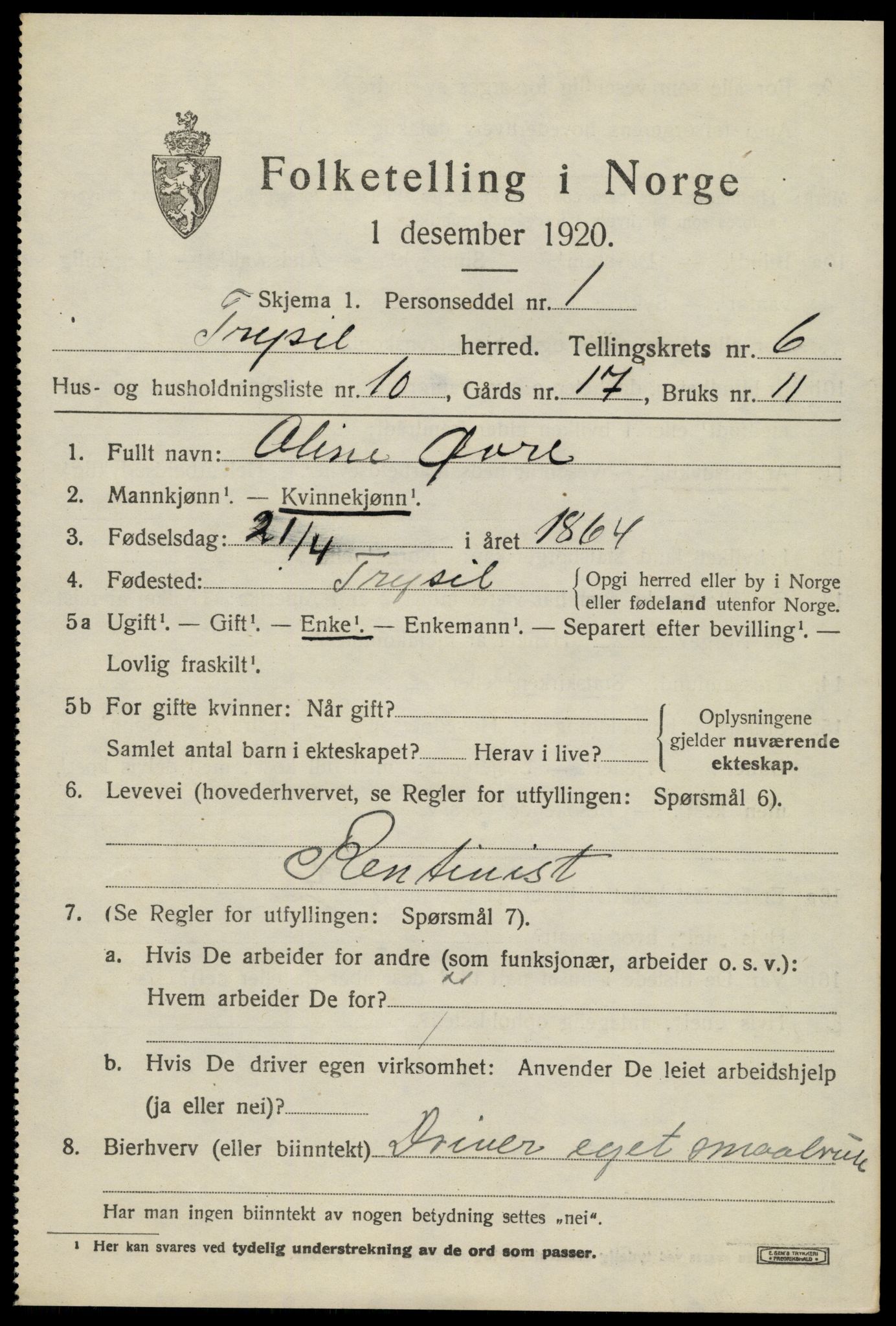 SAH, 1920 census for Trysil, 1920, p. 4651
