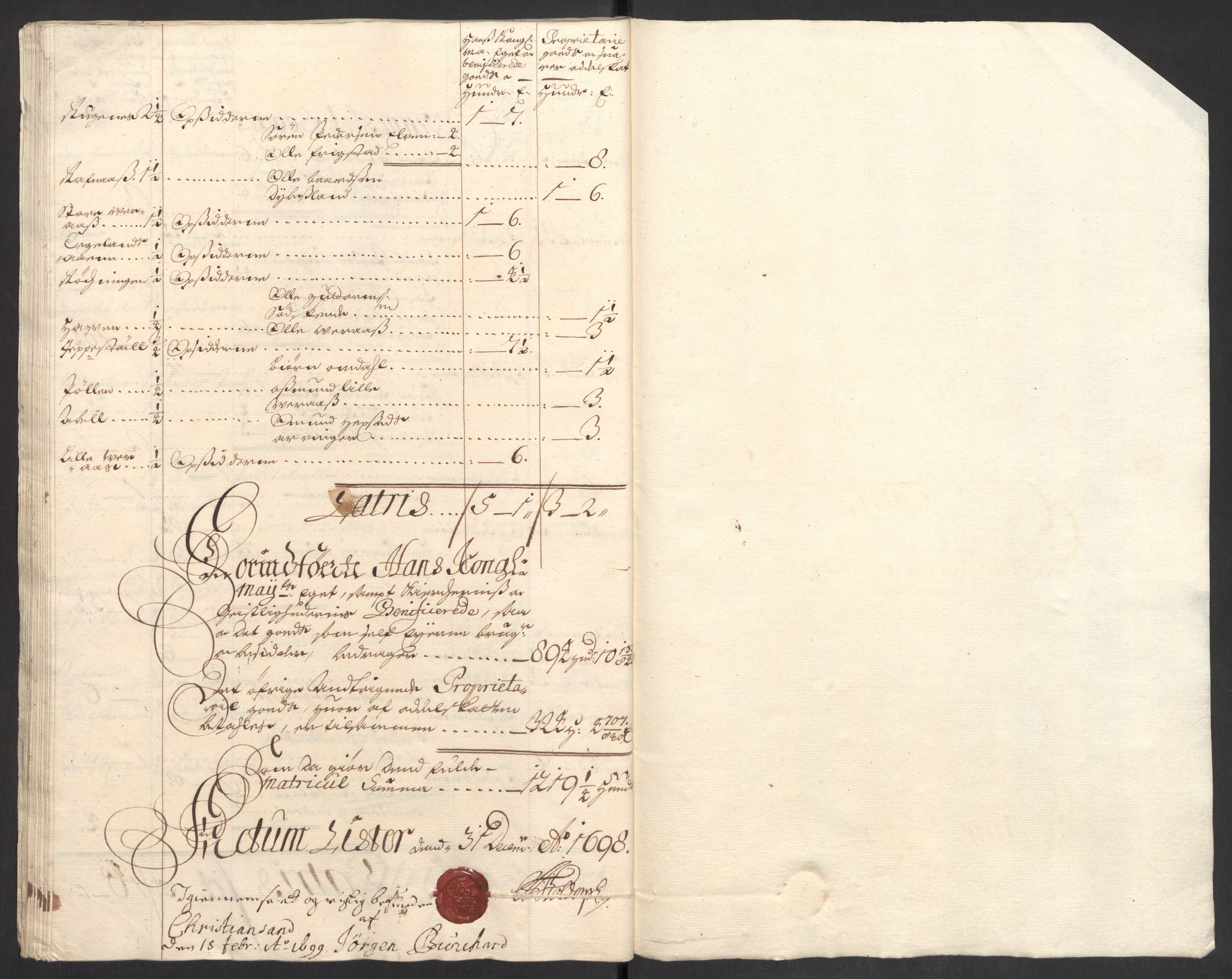 Rentekammeret inntil 1814, Reviderte regnskaper, Fogderegnskap, RA/EA-4092/R43/L2547: Fogderegnskap Lista og Mandal, 1698-1699, p. 141