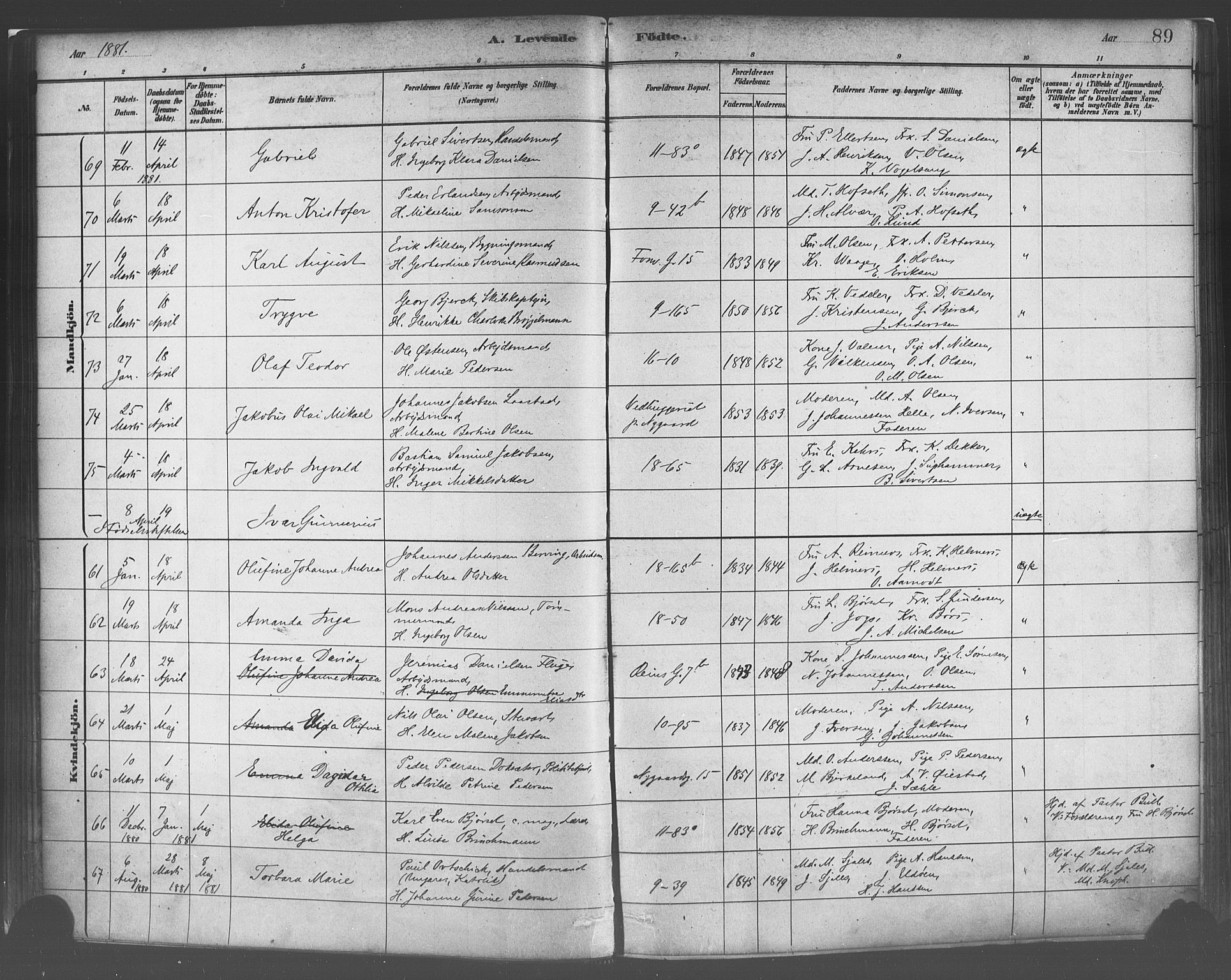 Domkirken sokneprestembete, SAB/A-74801/H/Haa/L0023: Parish register (official) no. B 6, 1879-1887, p. 89