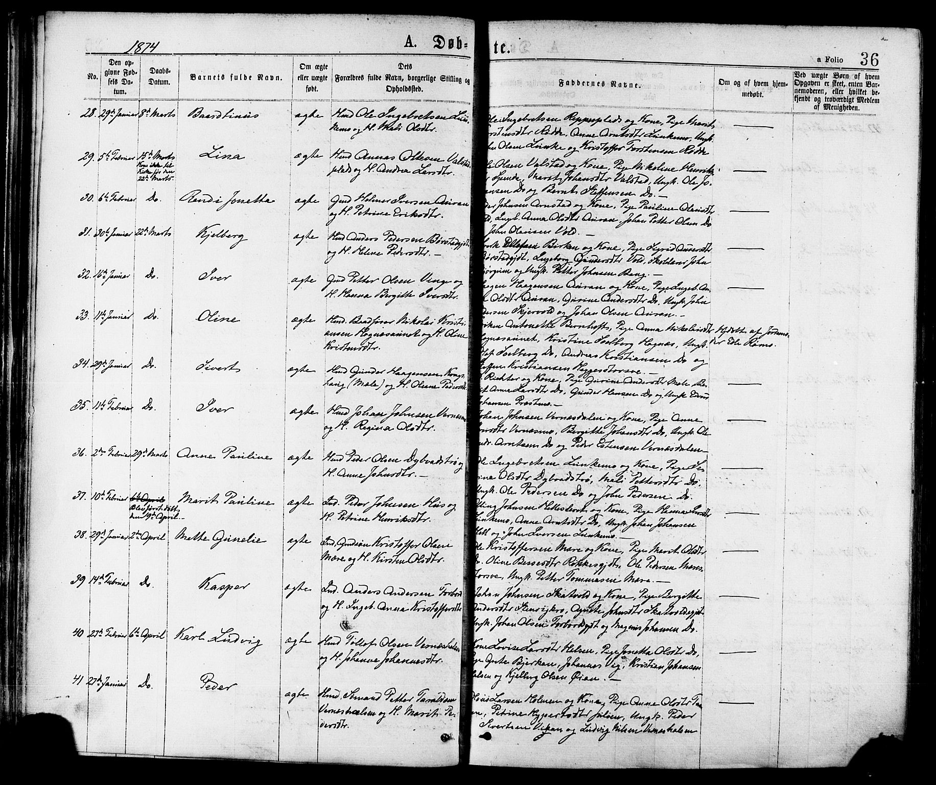 Ministerialprotokoller, klokkerbøker og fødselsregistre - Nord-Trøndelag, SAT/A-1458/709/L0076: Parish register (official) no. 709A16, 1871-1879, p. 36