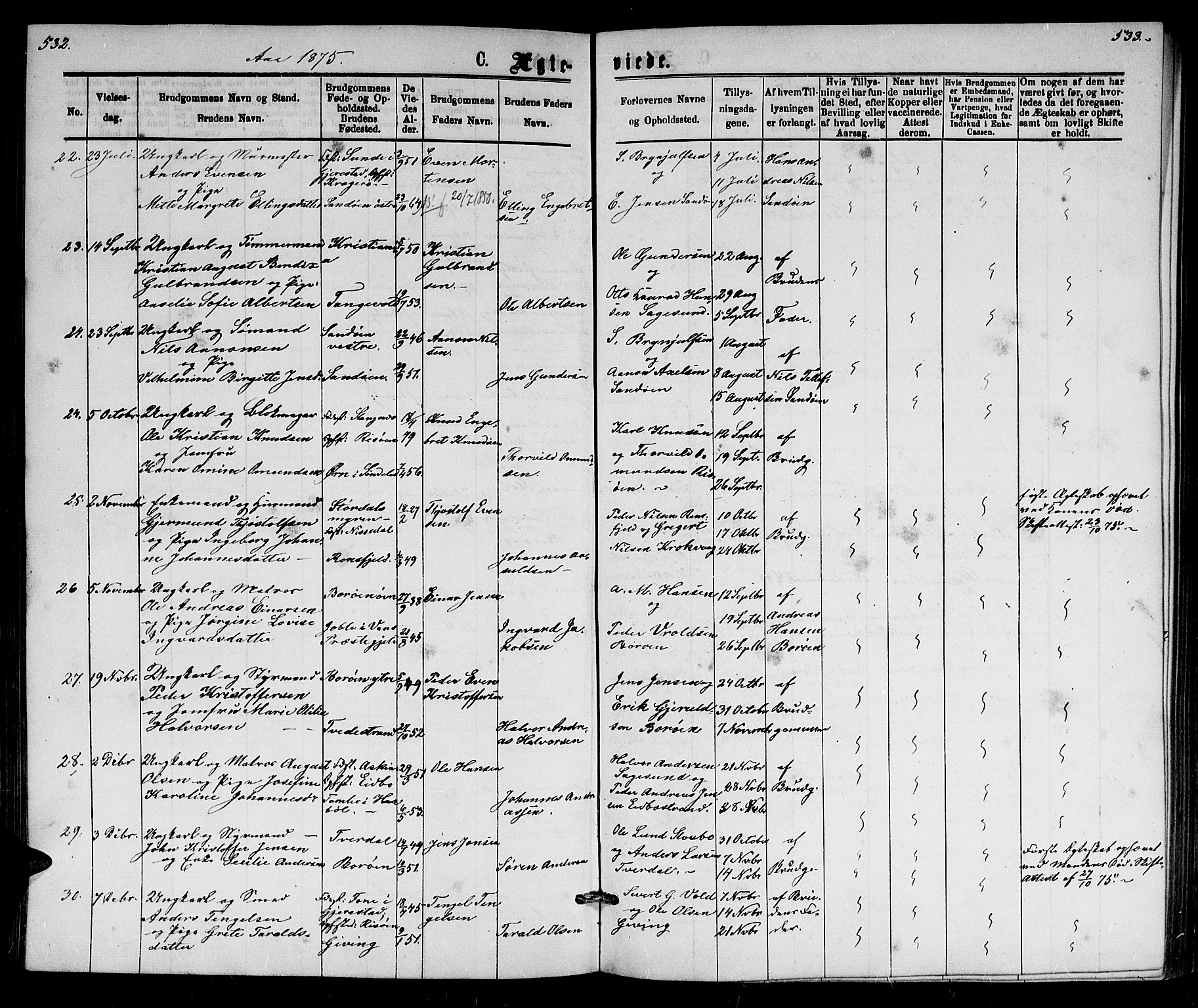 Dypvåg sokneprestkontor, AV/SAK-1111-0007/F/Fb/Fba/L0012: Parish register (copy) no. B 12, 1872-1886, p. 532-533