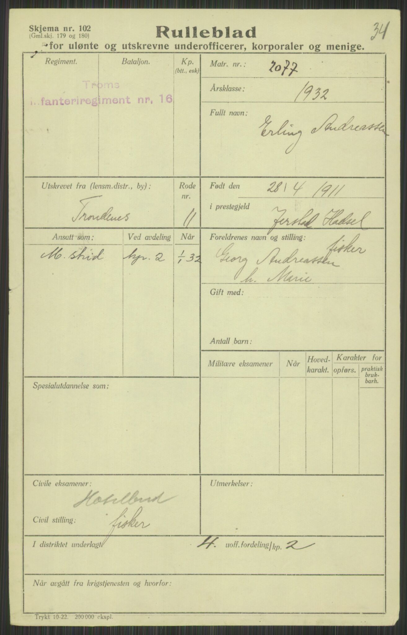 Forsvaret, Troms infanteriregiment nr. 16, AV/RA-RAFA-3146/P/Pa/L0016: Rulleblad for regimentets menige mannskaper, årsklasse 1932, 1932, p. 33
